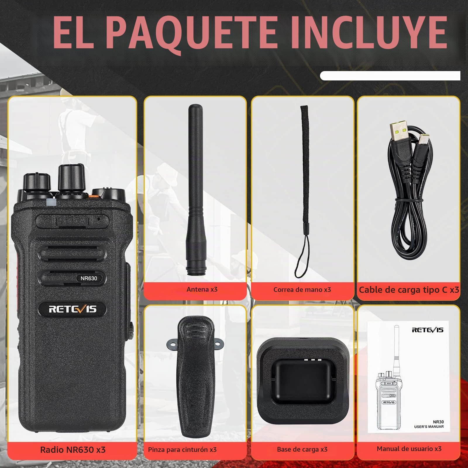 Retevis NR630 Walkie Talkie para Adultos, Walkies Largo Alcance, IP67 Impermeable, Cancelación de Ruido, Llamada de Grupo, 2800 mAh Recargable Walkie Talkie para Obra, Contratista (Negro, 3 Unidad)
