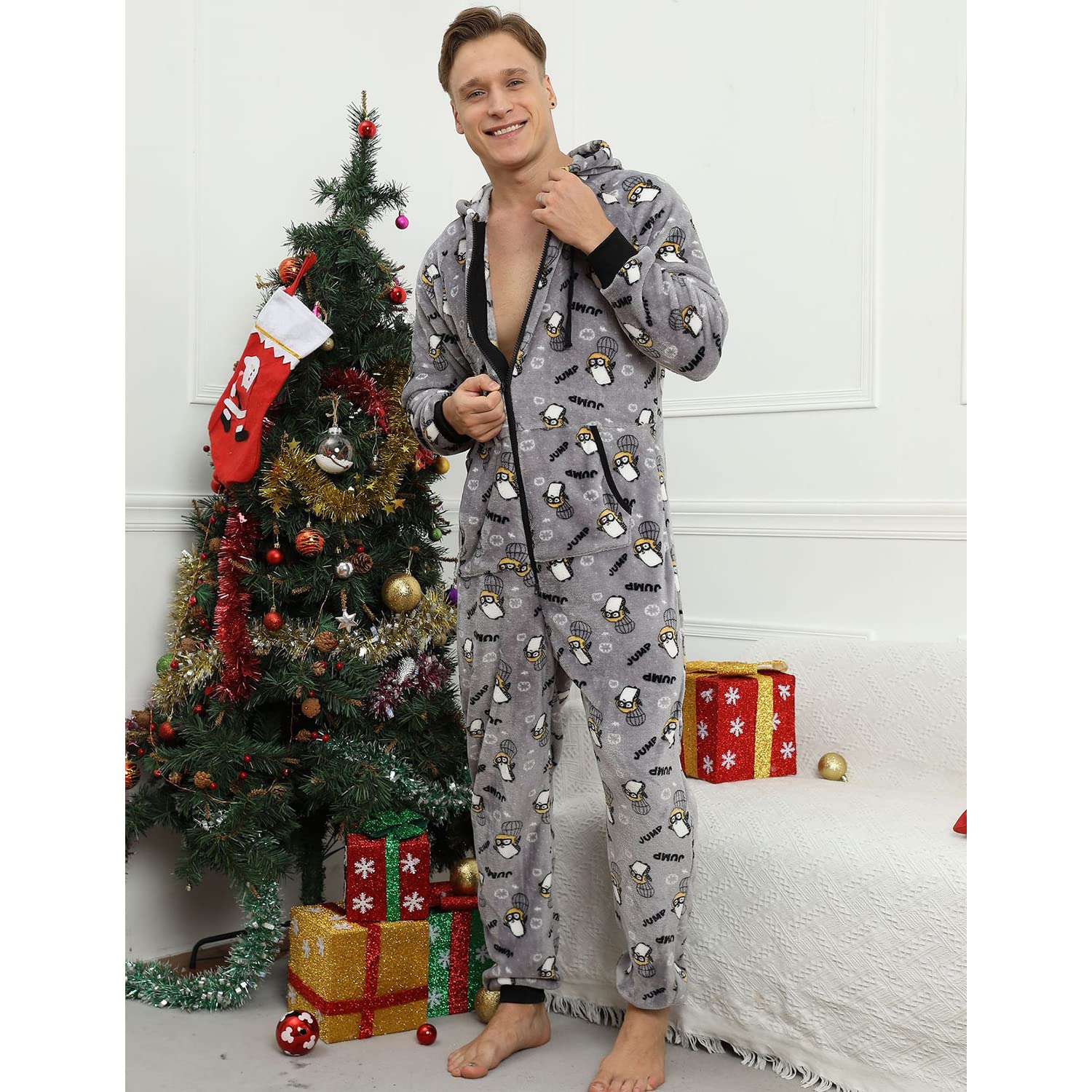 Pijama Navidad Una Pieza Hombre Franela Pijamas Mono Entero con Capucha Manga Larga Invierno Calentito Jumpsuit Adulto Onesie Ropa de Casa Dormir Paracaídas Pingüino Gris L