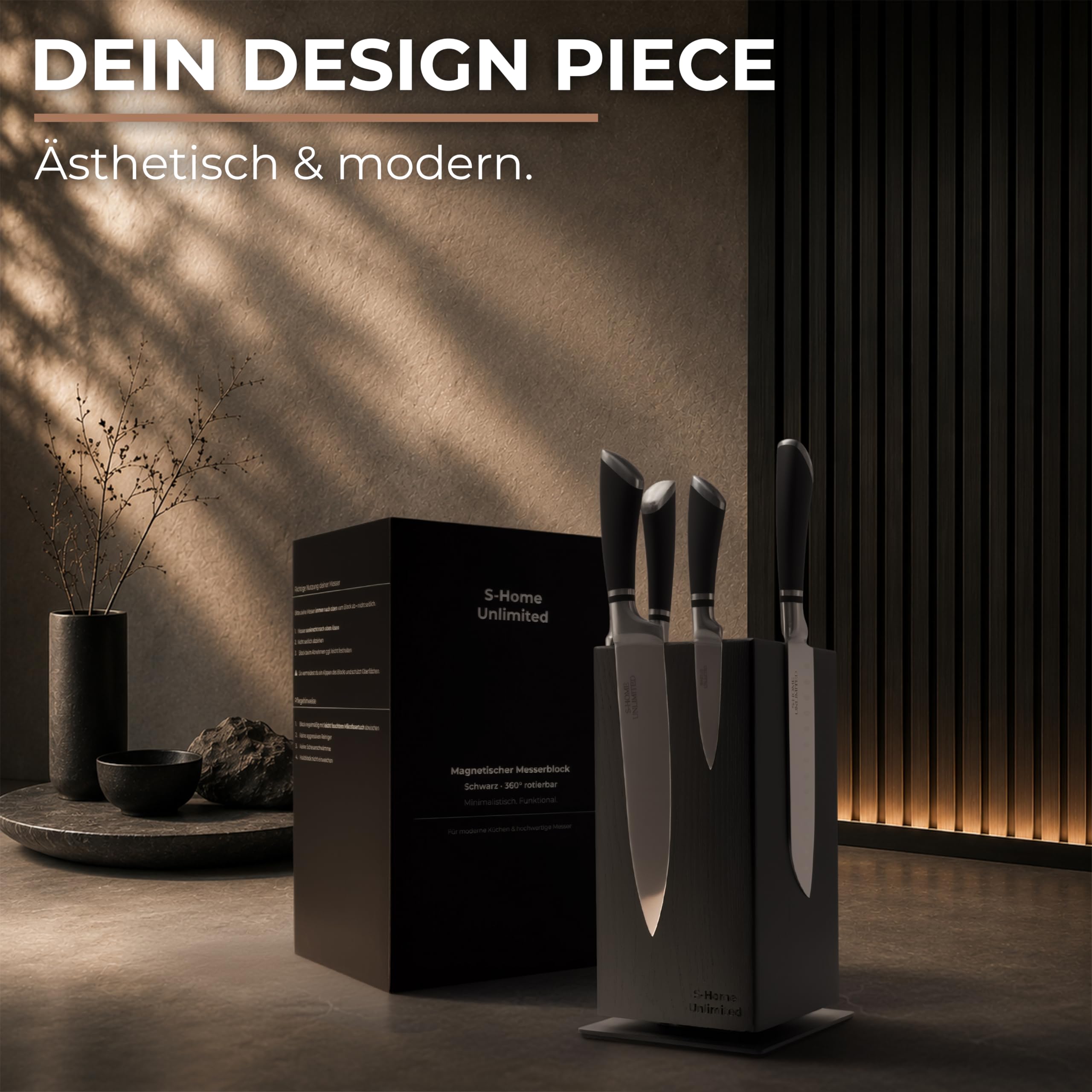 Magnetischer Messerblock ohne Messer | 360° drehbar | Massiver Holzblock in Schwarz mit sichtbarer Maserung | Sicherer Stand dank schwerem Metallfuß