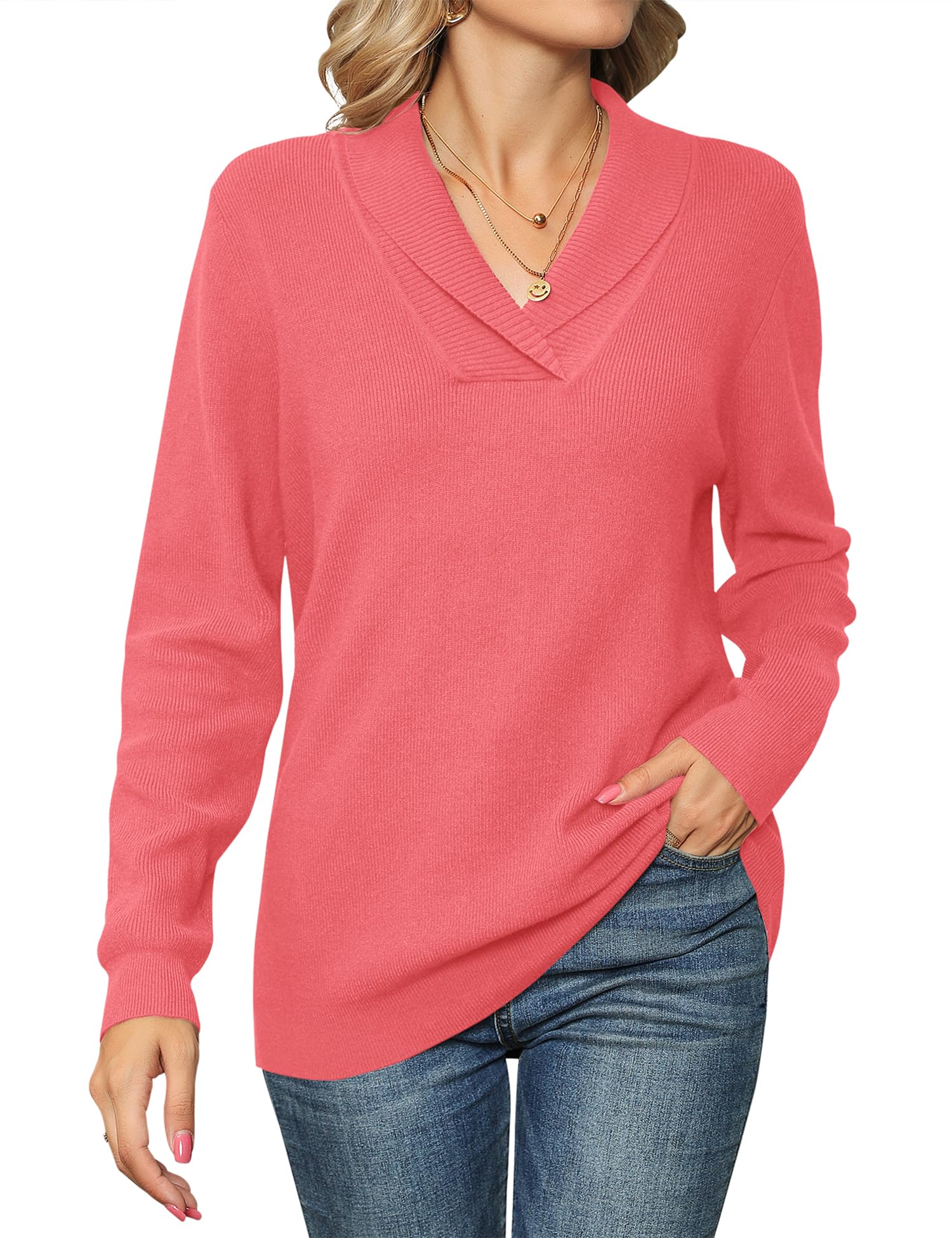 Ivicoer Women Long Sleeve V Neck Pullover Collar Knitted Sweaters