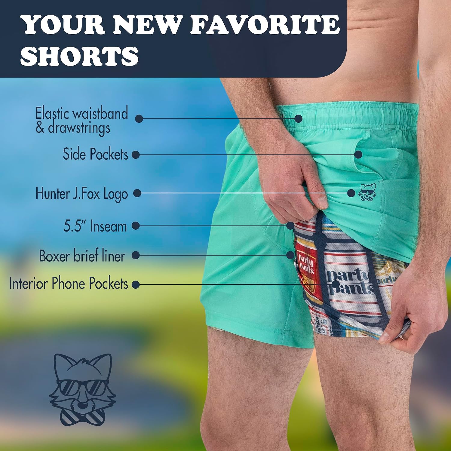 Party Pants USA The Sport Liner Men's Shorts with 5.5” Inseam, Super Star