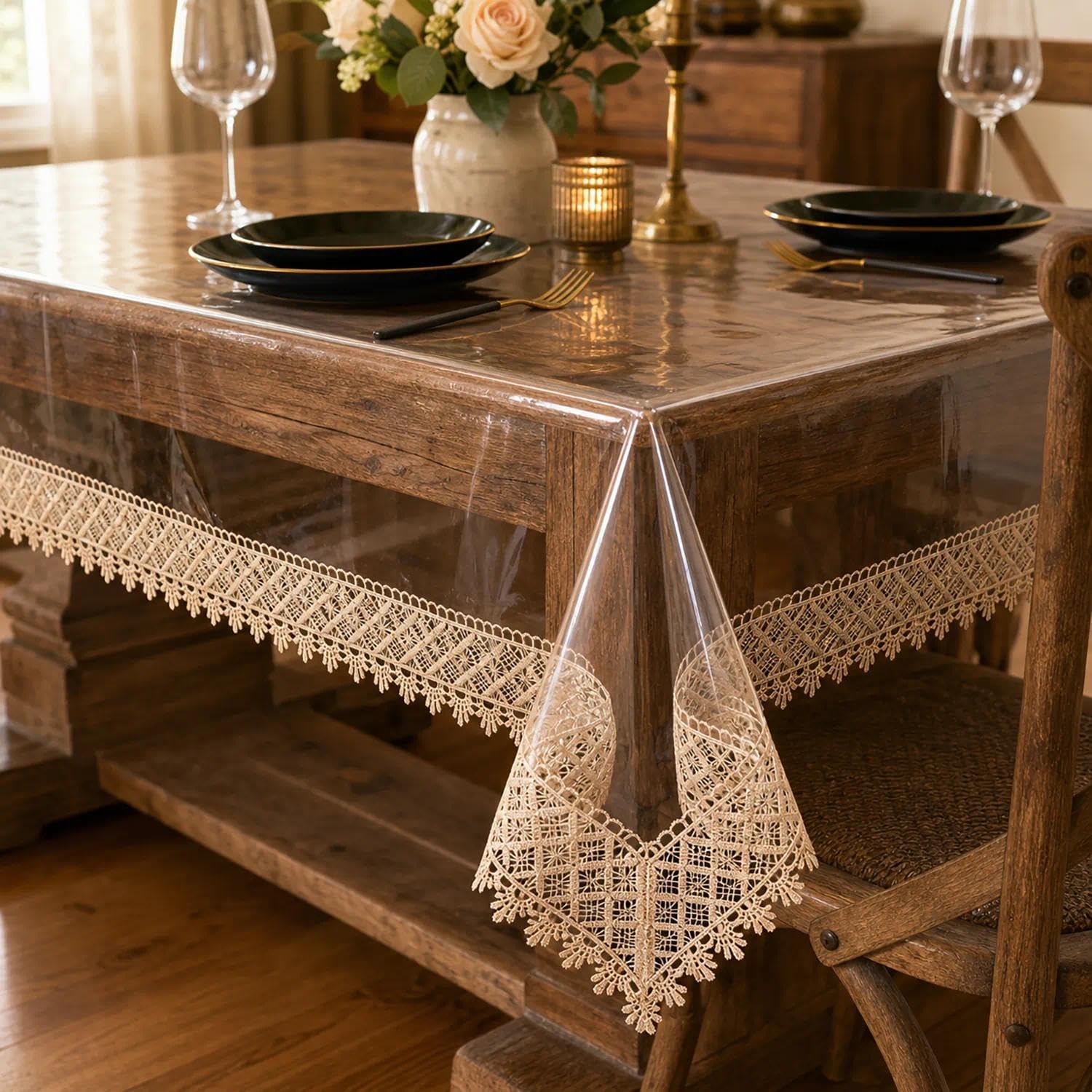 Clear Tablecloth Protector, 0.15mm Heavy Duty Waterproof Vinyl Table Cover with Elegant Lace Trim, Crystal Clear Oilproof Wipeable Reusable Rectangle Tablecloths for Dining Table, 60 x 108 Inch