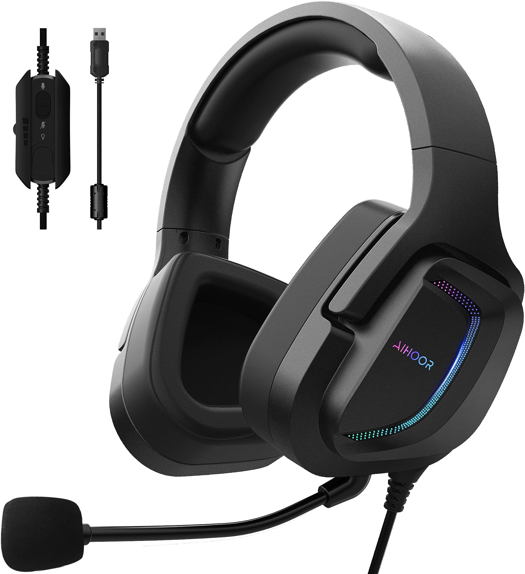 AIHOOR Gaming Headset with Virtual 7.1 Surround Sound, 50mm Drivers, Noise Cancelling Mic, Durable Steel Sliders,Ultra-Low Latency Games & RGB Light Soft Memory Protein Earmuffs Compatible with PC/Mac