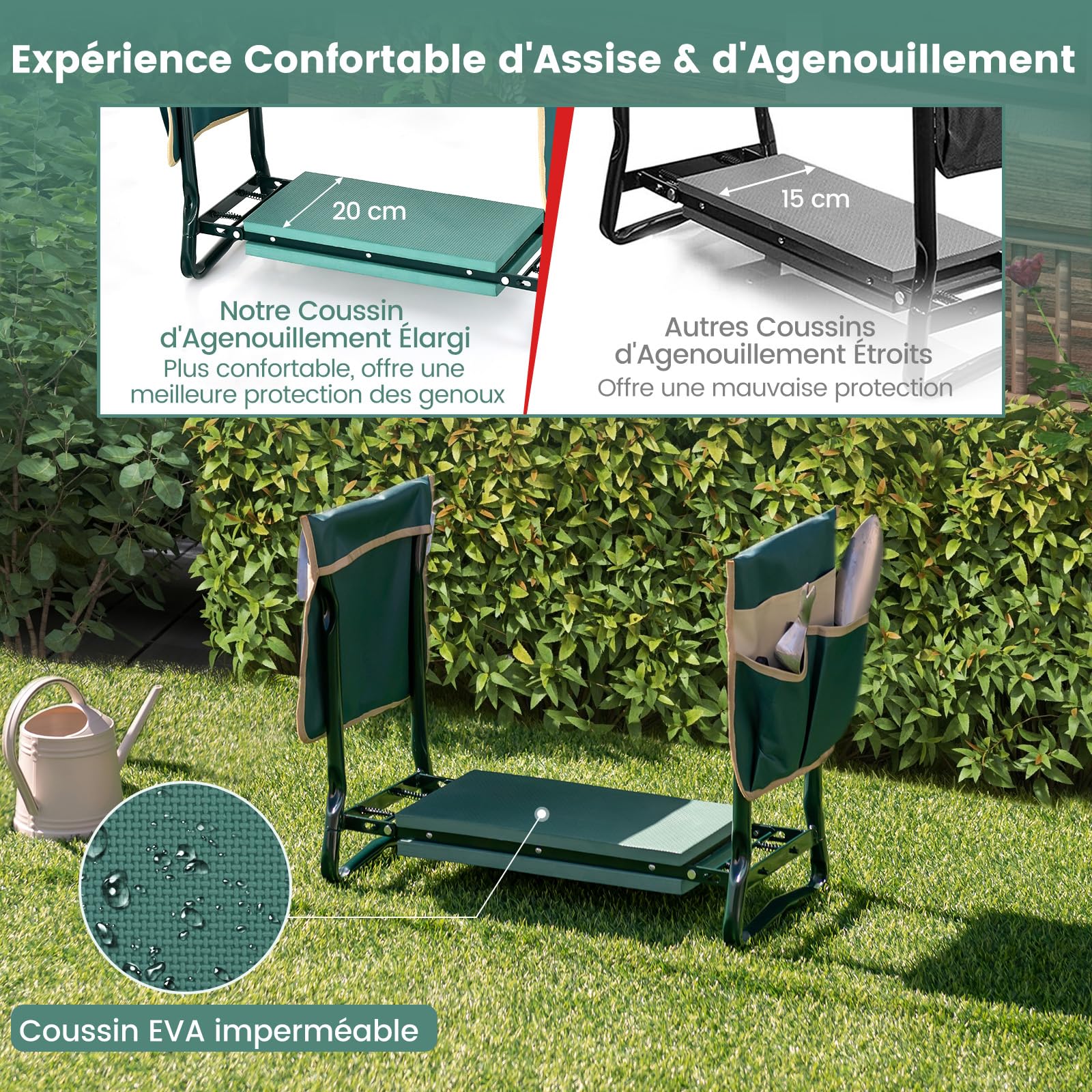 COSTWAY Tabourets de Jardinage Pliable avec Coussin EVA, Genouillère de Jardin 2 en 1 Cadre en Métal Siège de Jardinier avec 2 Grande Pochette à Outils Charge 150KG pour Jardinage, Vert