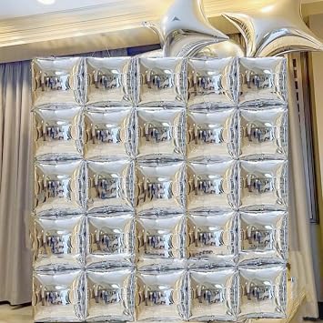 Orgnafey Square Foil Metallic Silver Balloons Wall Tunnel Flat Double Sided Mylar Chrome Silver Balloon Arch Garland Kit New Years Eve Wedding Graduation Engagement Disco Party Background Decorations