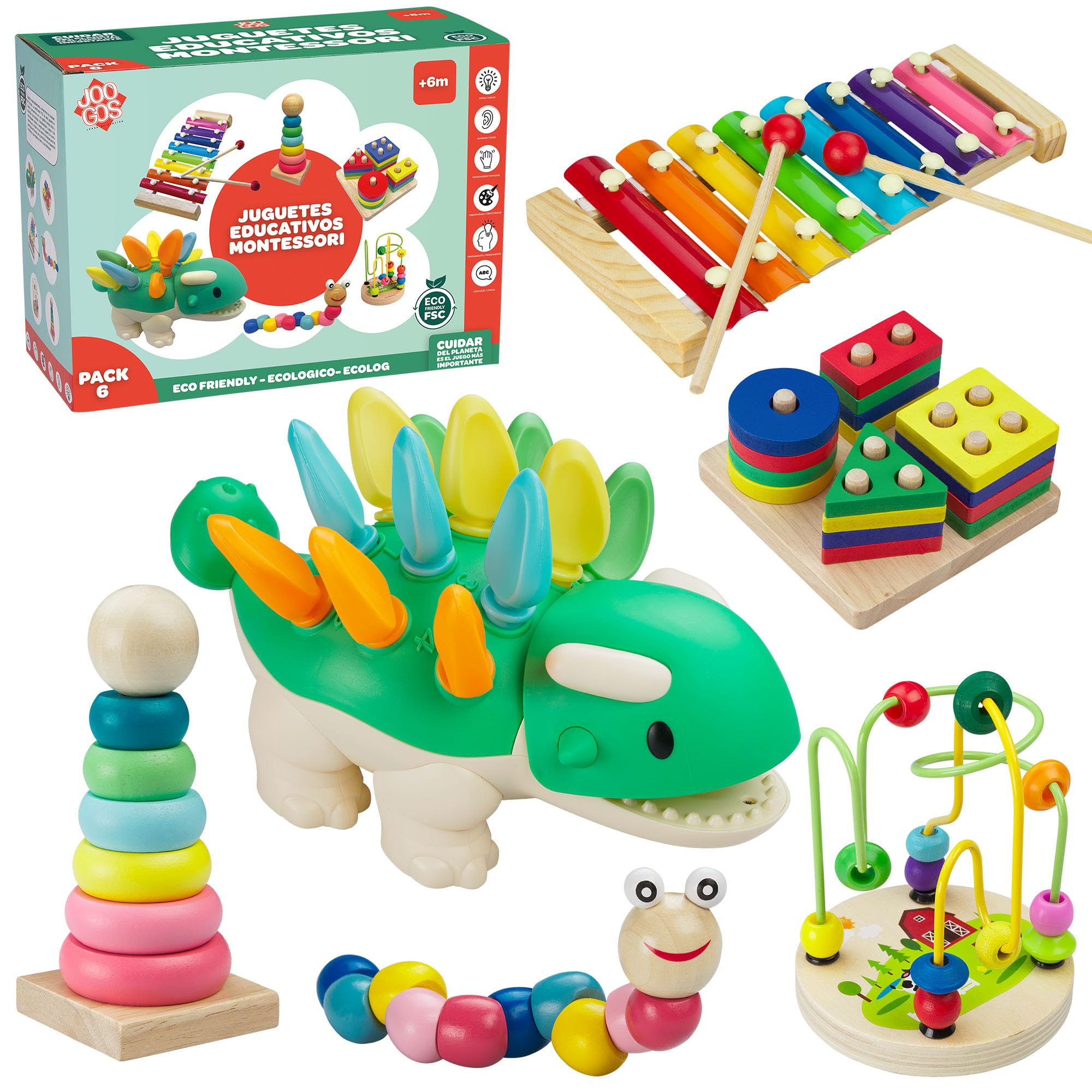 JOOGOS®️ 6 Juguetes Bebe 1 Año Montessori Estimulación Sensorial. Juguetes Bebes 6-12 Meses Niños y Niñas 1-2 Años Regalo Educativo Xilófono Dinosaurios Torre Apilable
