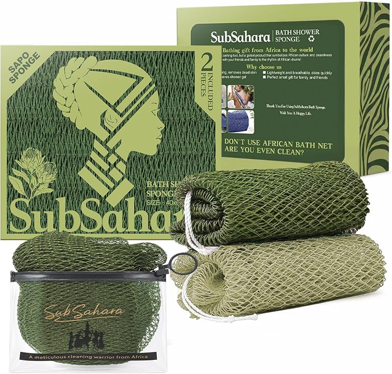 SubSahara Esponja de Banho de Nylon em Rede Africana, Pacote com 2 e Bolsa