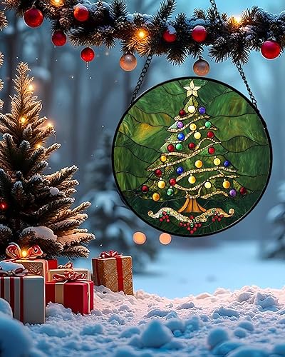 Miniatura 3 de Atrapasoles de Vidrio Manchado para Colgar en Ventana - Árbol de Navidad Verde con Luces Coloridas para Puertas, Decoración Navideña para el Hogar,