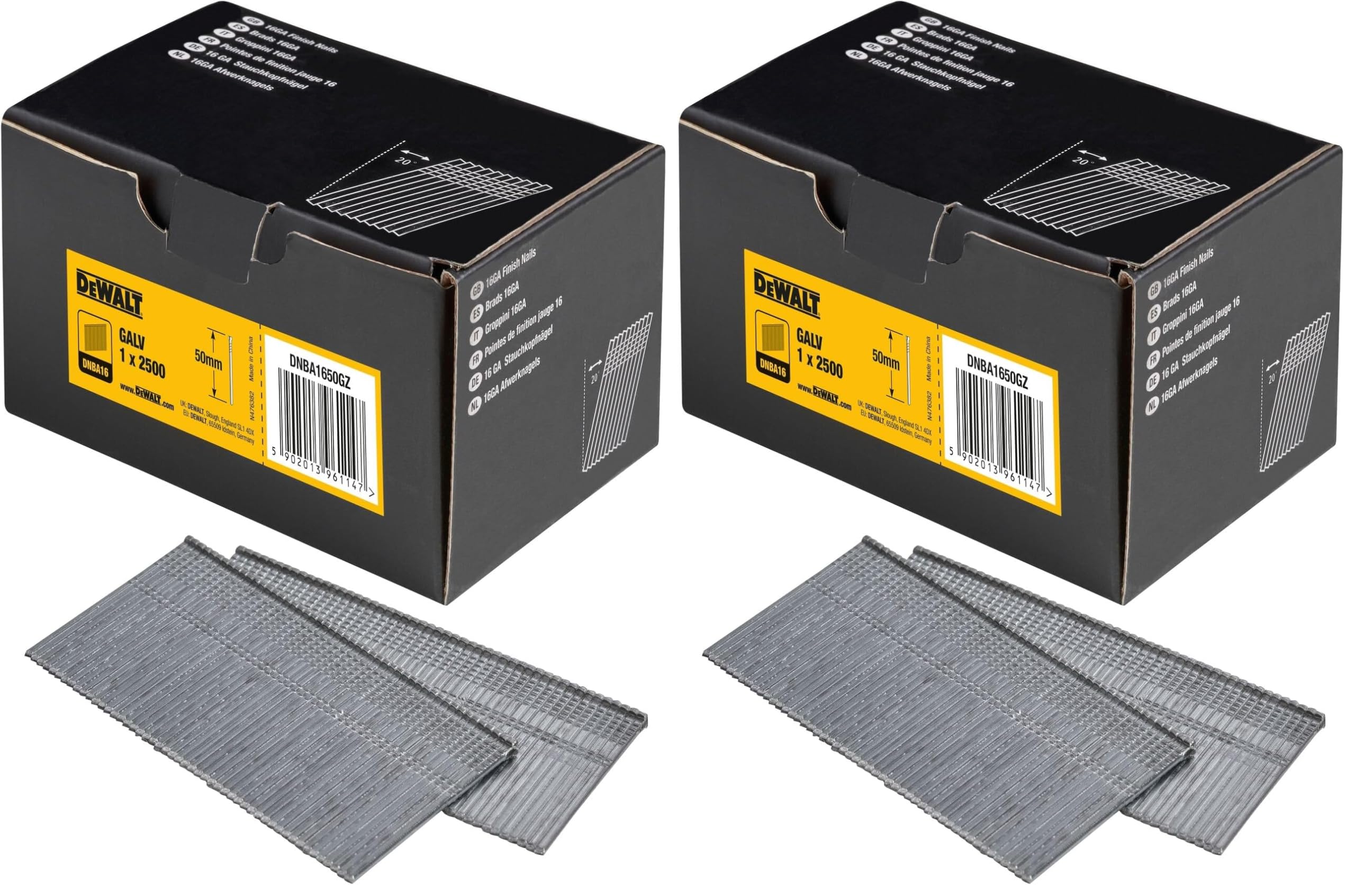 Clous DEWALT DNBA1650GZ 50mm VZ gris en boîtes de 2500 pièces pour fixations