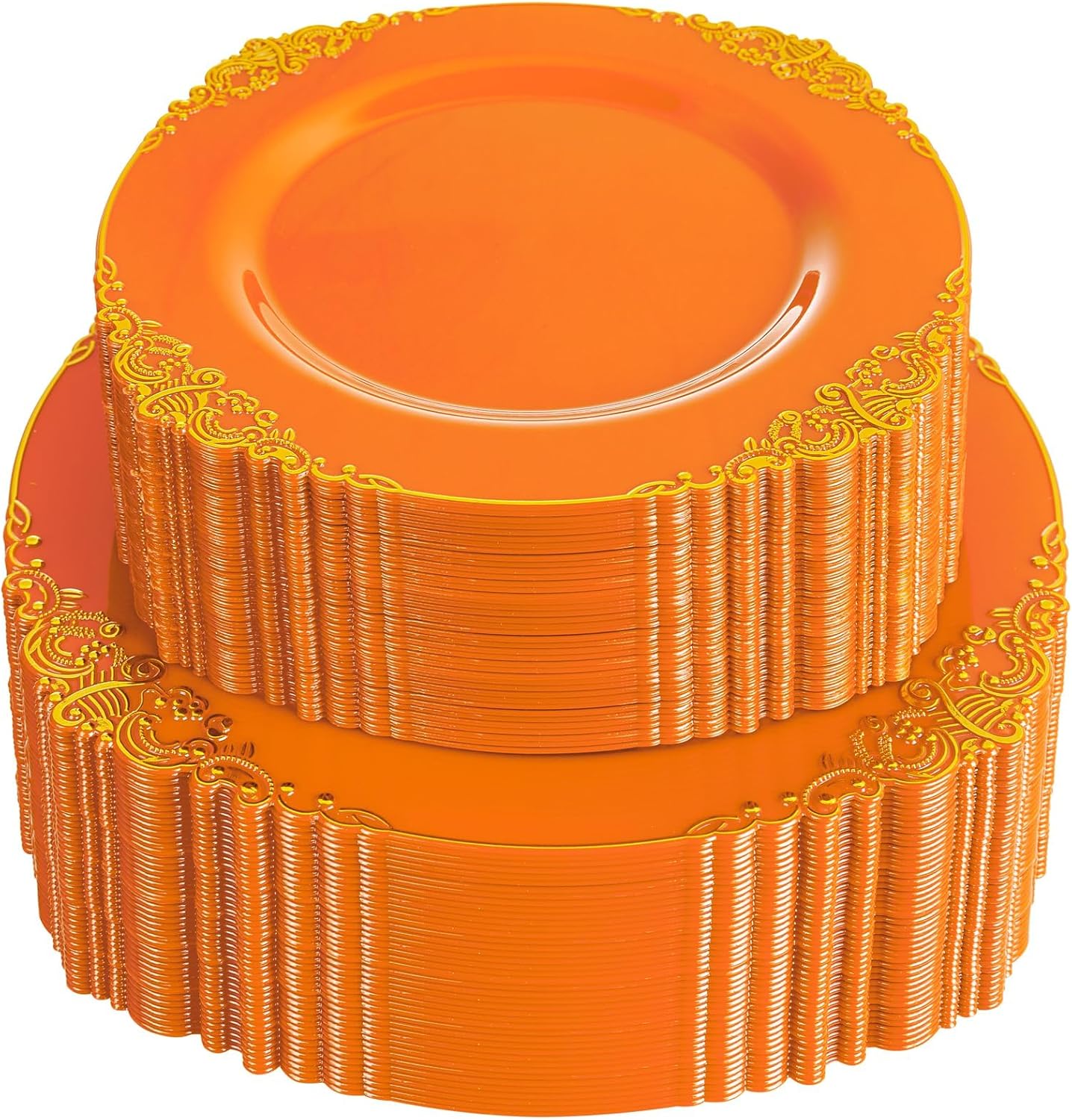 102PCS Orange Plastic Plates - Orange and Gold Disposable Plates - Party Plate with Gold Rim - Vintage Disposable Plate Serving for 51Guests for Thanksgiving & Halloween Party