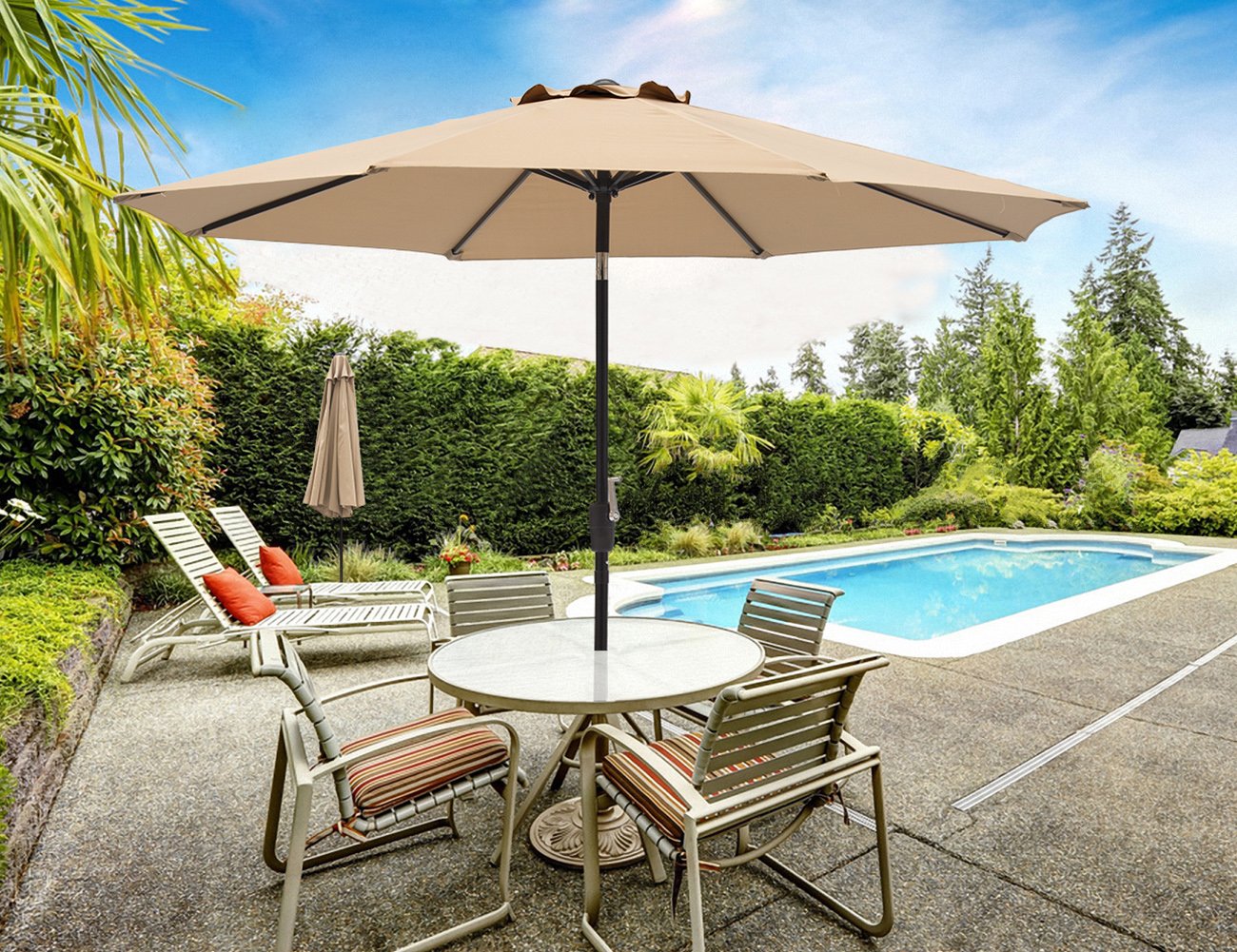 9 Feet Patio Umbrella Outdoor Aluminum Market Table Umbrella with Push Button Tilt and Crank 8 Steel Ribs, Taupe