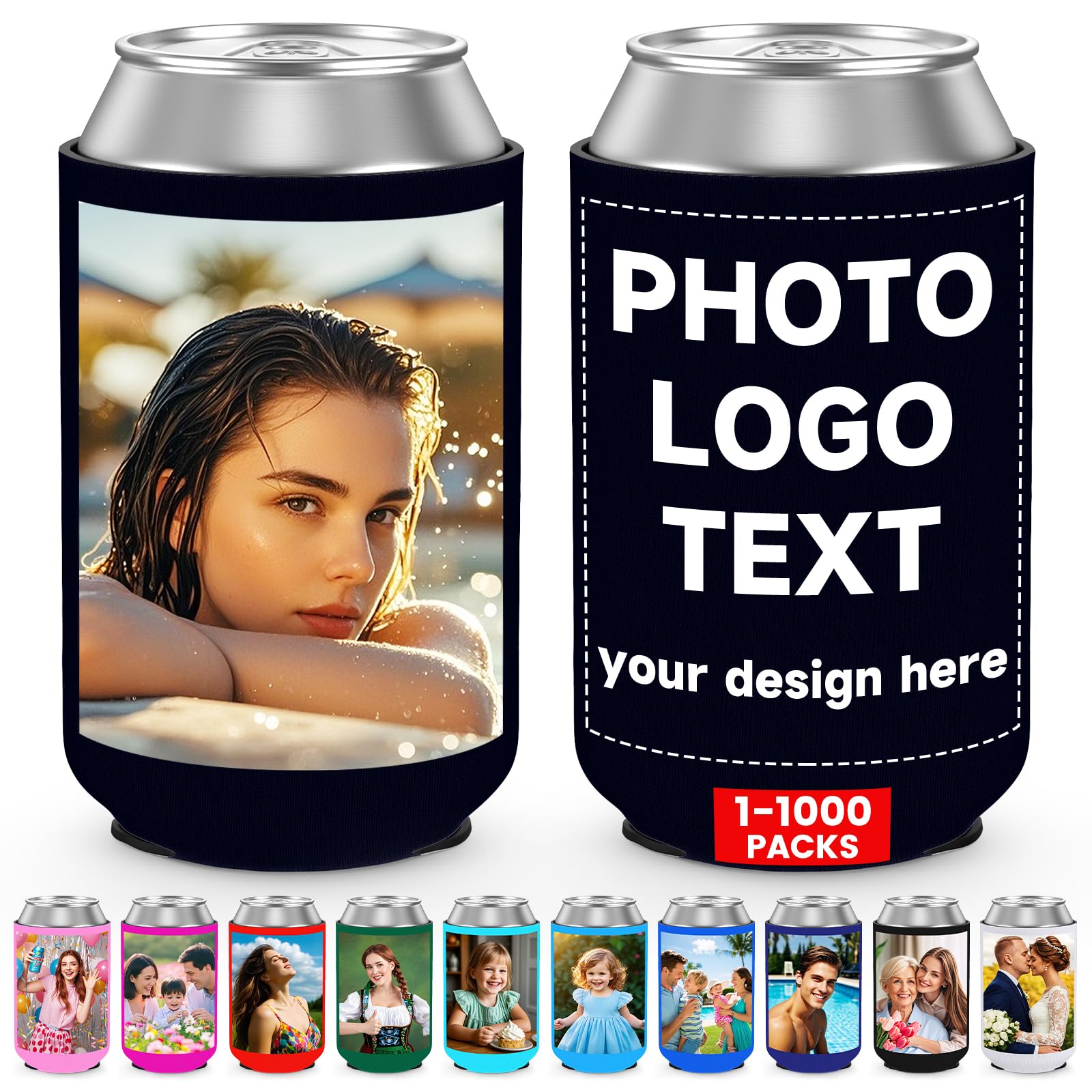 Custom Neoprene Can Cooler Sleeve Bulk Personalized Insulated Drink Holder for 12 Oz Cans and Bottles Wedding Bridal Shower Beach Decorations Birthday Party Favors, Black