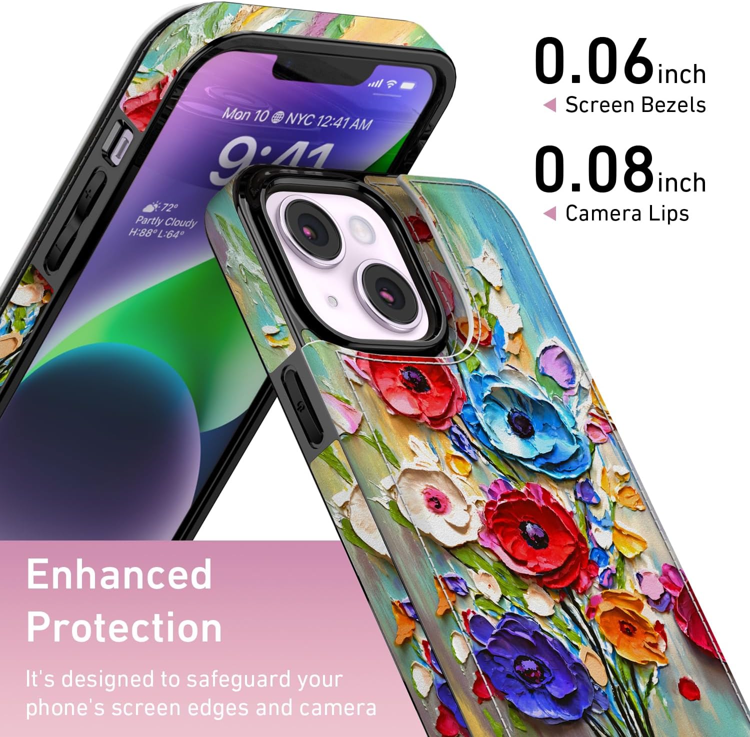 FUNMIKO for iPhone 14 Plus Wallet Case with Card Holder, RFID-Blocking, Military-Grade Drop Protection & Floral Animal Design, Magnetic Closure with Leather Kickstand - Abstract Flowers - Image 3