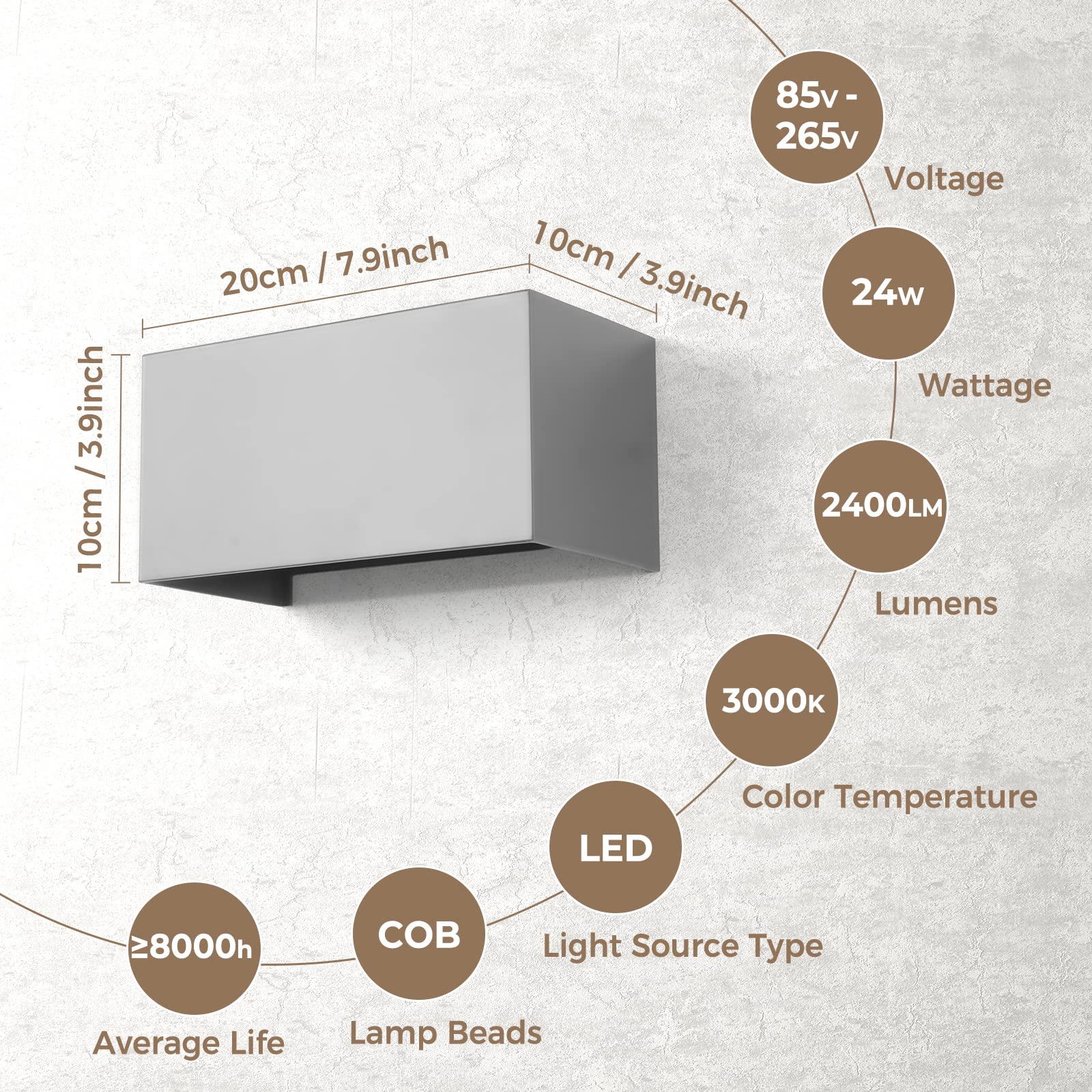 ENCOFT 24W Applique da Parete interno Esterno Lampada da Esterno a Parete COB LED Moderno Grigio, IP65 Impermeabile in Alluminio Luce Bianco Caldo 3000K per Giardino Balcone Grigio