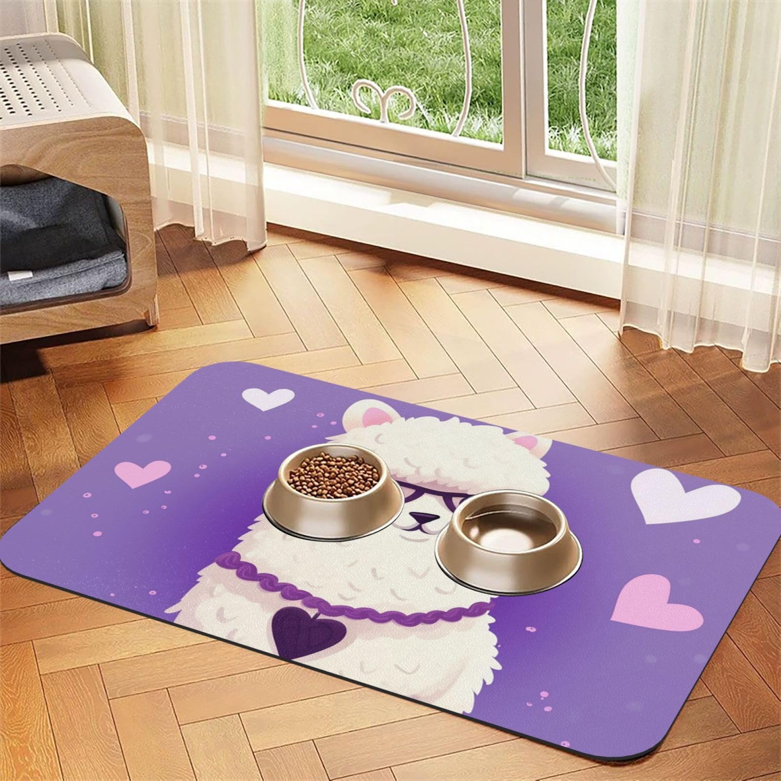 Tapis absorbant et imperméable Love Alpaga pour gamelle de chat