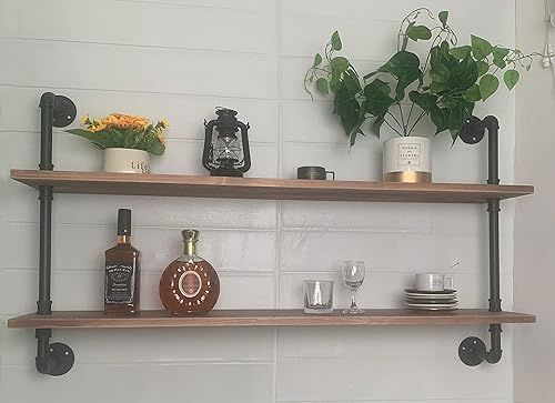 Miniatura 7 de Estantes de tubería industriales de madera real, estantes flotantes industriales con tablones de madera, estantes de pared industriales de 48