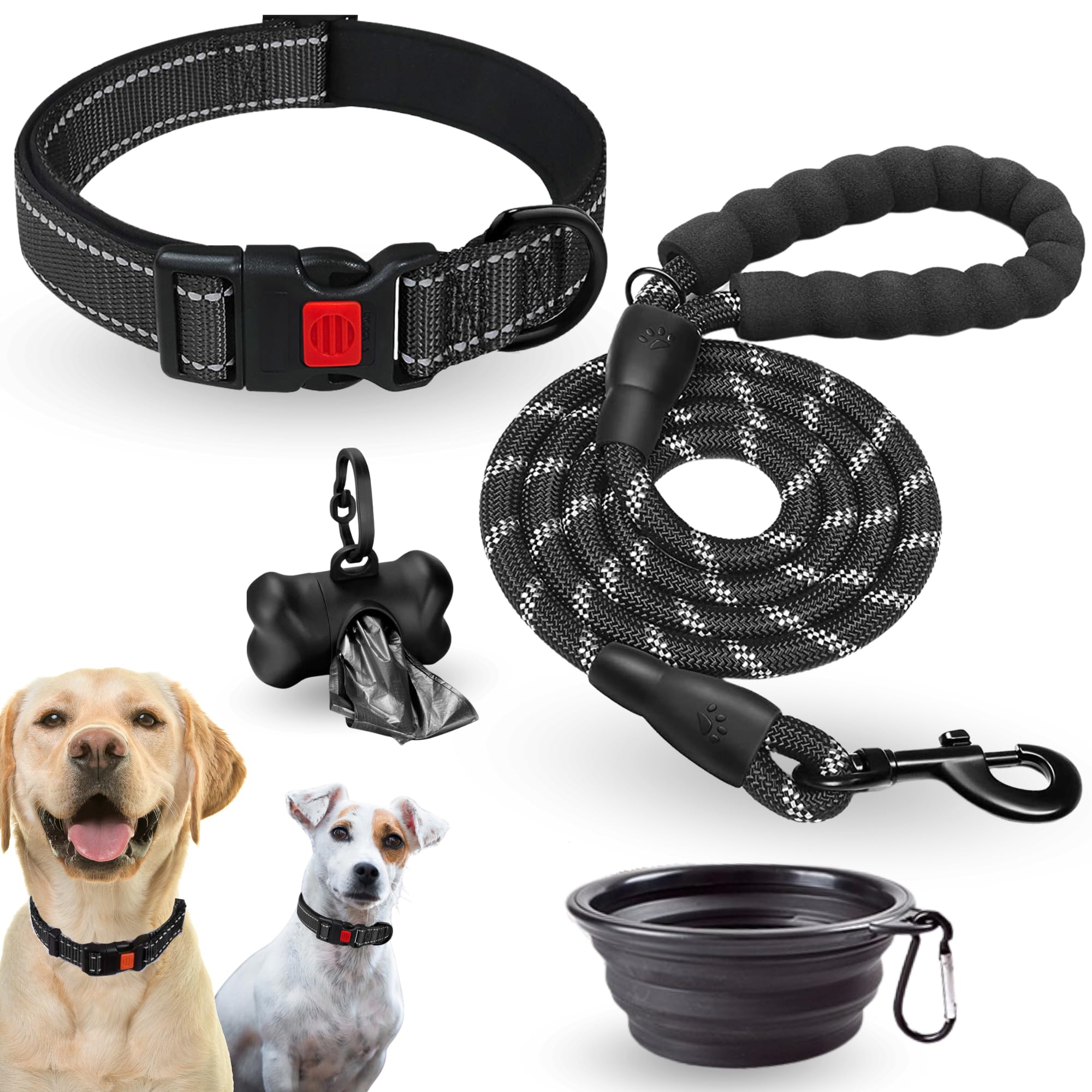 Collar de Perro Ajustable y Acolchado con Neopreno - Correa Perro 1,5m Reflectante - Cuenco Plegable y Dispensador con 15 Bolsitas - para Perros Pequeños Medianos y Grandes