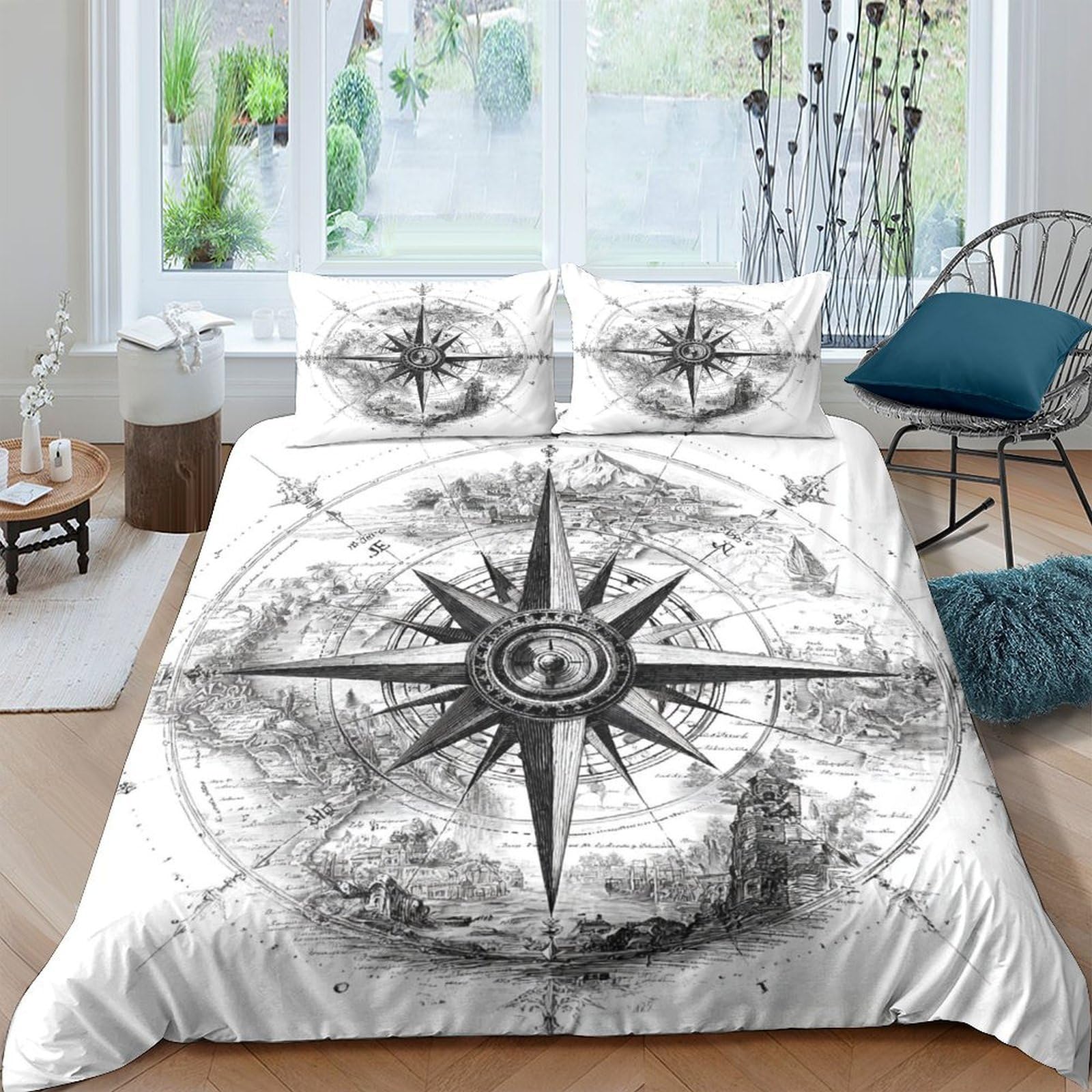 3D Print Ultrasoft Microfibre Vintage compass Bedding Quilt Cover All Season Bedding Sets w/ Pillowcases Nautical illust Duvet Cover All Season, Easy Care, Washable Boys Girls Kids Double（200x200cm）
