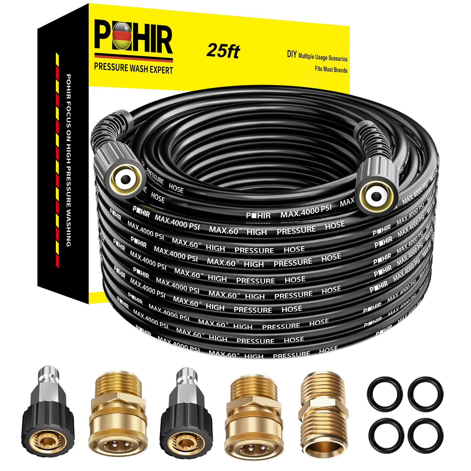 POHIR 25ft Pressue Washer Hose 4000 PSI,M22 Replacement Power Washing Hose
