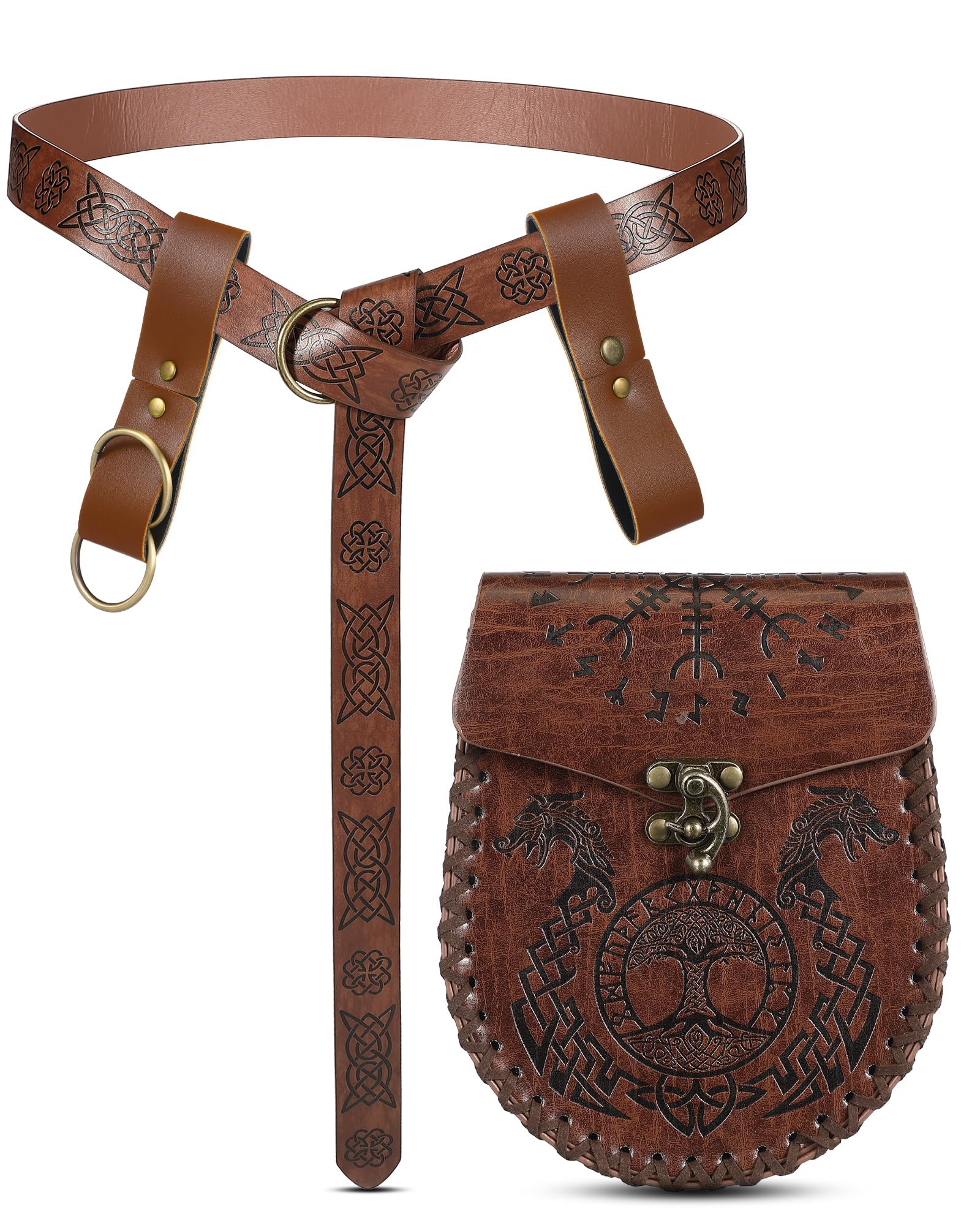 Paterr 4 Pcs Medieval Viking Belt Leather Belt Pouch Renaissance Accessories Belt Leather Tool Belt Strap for Women Men (Brown,Dragon)
