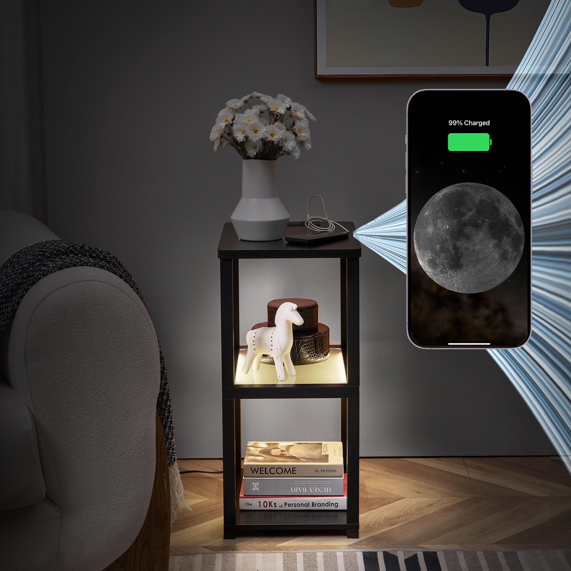 FENLO Flare - Side Table with Charging Station and Color Changing Temps, Night Stand with Dimmable LED Lights, End Table with Tempered Glass Display Shelf, USB and USB-C Ports, Black