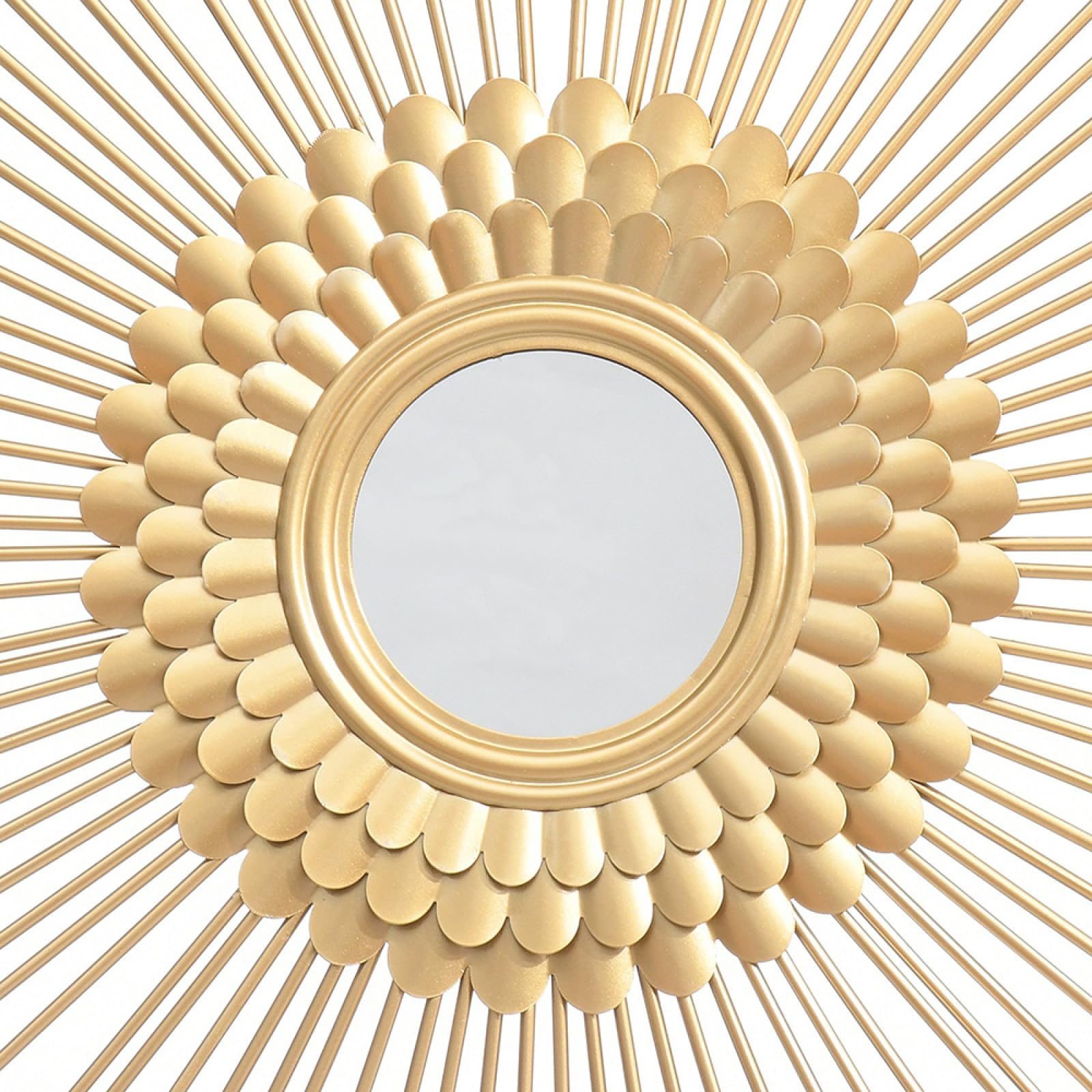 Złote lustro ścienne Sunburst, boho, dekoracyjne lustro akcentujące, nowoczesne, okrągłe, ręcznie wykonane, wiszące lustro do salonu, sypialni, łazienki, wejścia, 71 cm