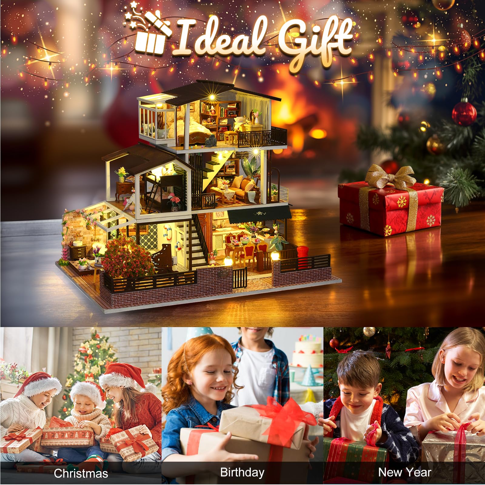 DIY Miniatur Haus, Mini 3D Holzpuzzle Puppenhaus Modell Set mit LED Spieluhr, Romantische Villa Tiny Haus Bücherregal Deko Bastelset, Geburtstag Geschenk für Erwachsene Frauen Männer