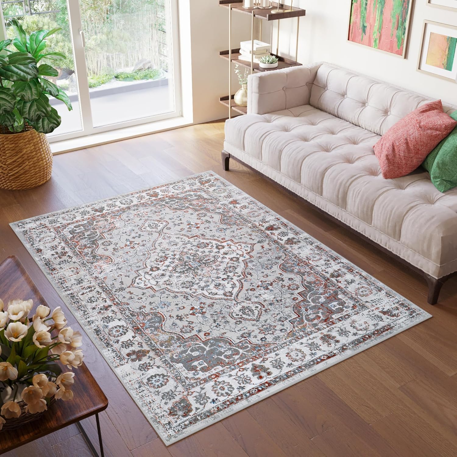 TAPISO Valley Teppich Kurzflor Hellgrau Rostbraun Blau Ornament 300 x 400 cm