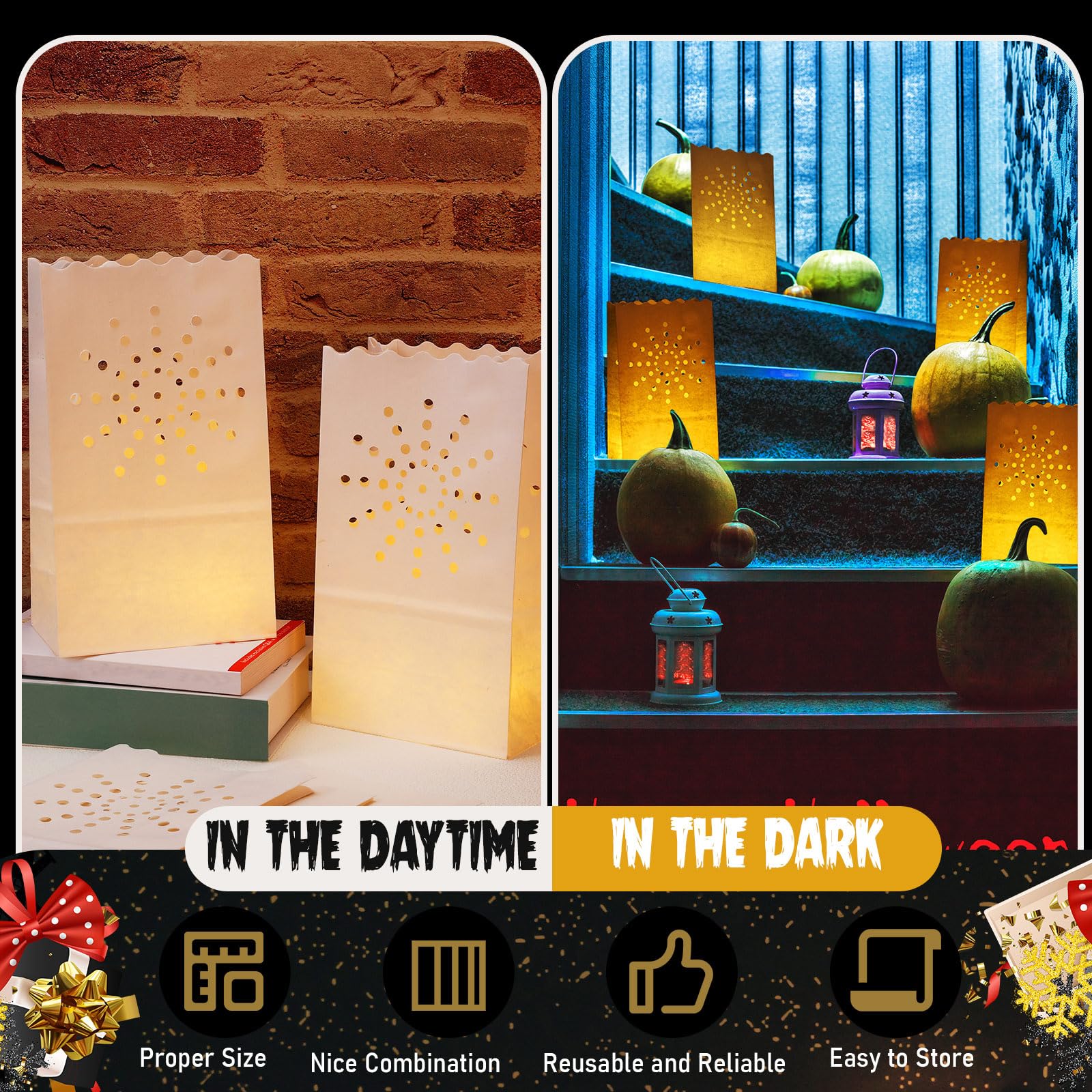 Juego de 100 bolsas de papel luminarias con velas de té sin llama, vela sin llama de Navidad con bolsa de velas LED para cumpleaños, boda, Halloween, Navidad, decoración de fiesta de Acción de Gracias
