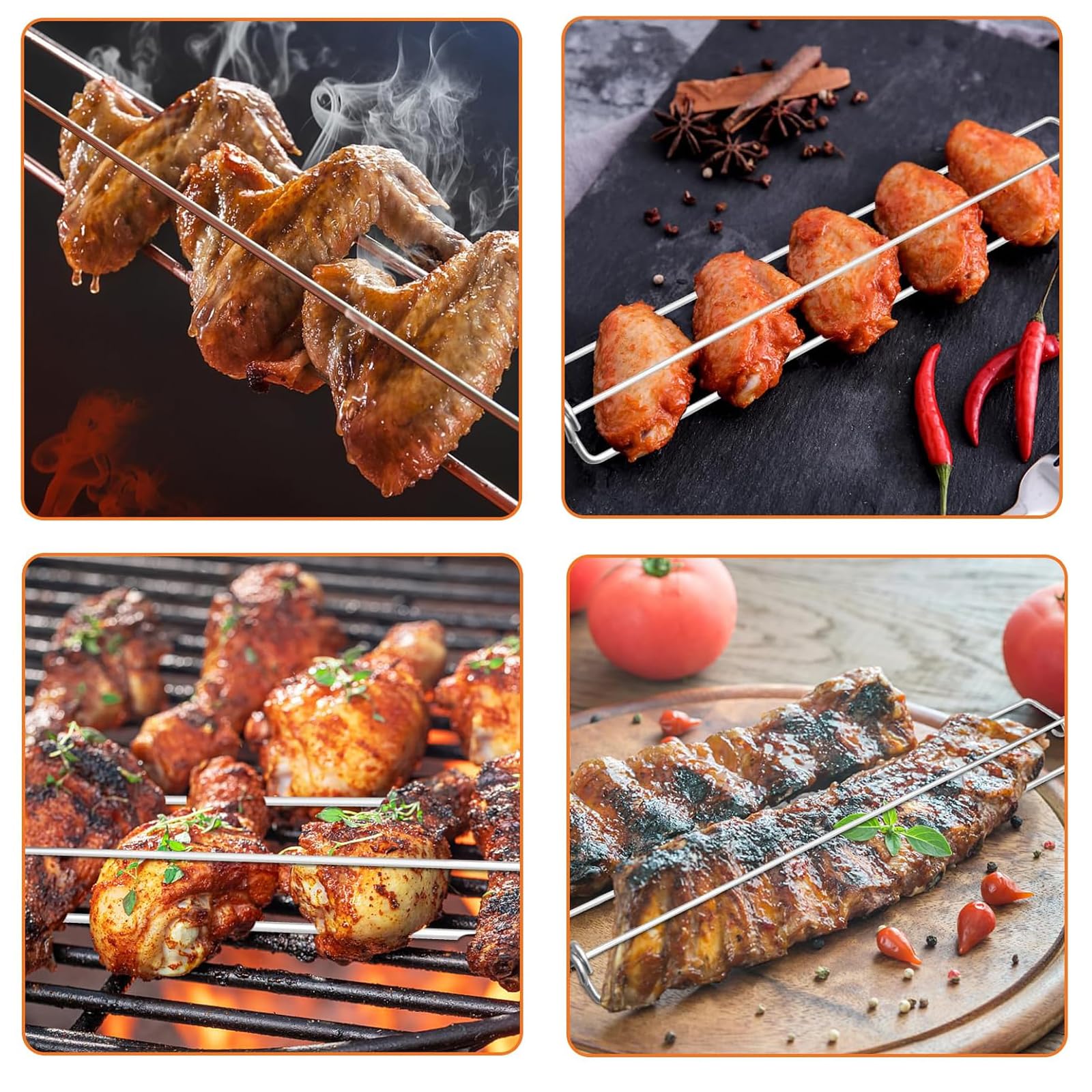 4 Pezzi Clamping Wing Rails for Grilling Chicken Wings,Chicken Wing BBQ Fork,Ali di Pollo Forchetta BBQ,Set di Strumenti per Barbecue con Ali di Pollo Picnic All'Aperto