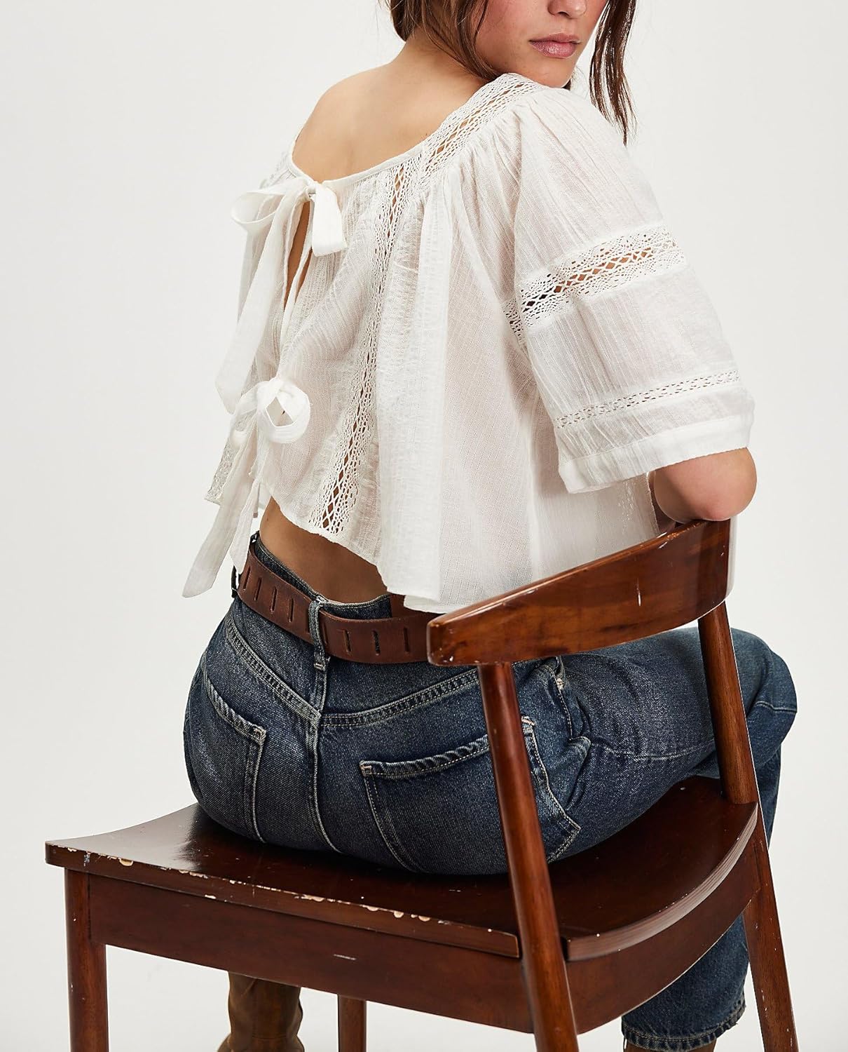 Women Ruffle Bow Tie Babydoll Tops Boho Lace Sheer Flowy Peasant Blouses Y2k Short Sleeve Eyelet Peplum Crop Shirts - Image 3