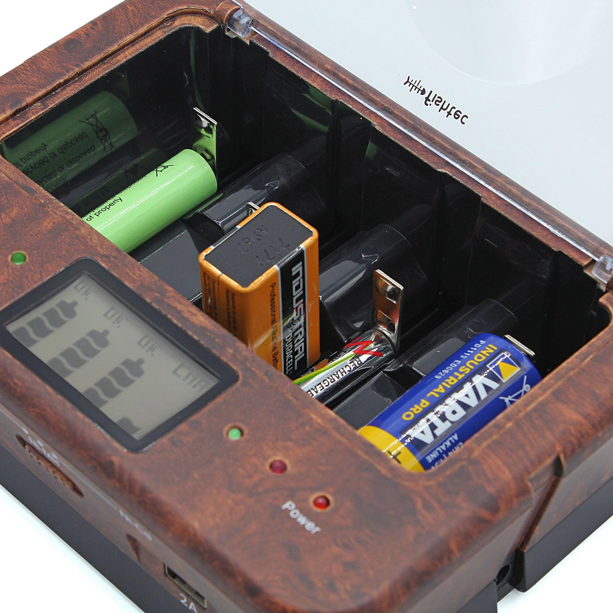 Cargador de Pilas Recargables AA/LR6, AAA/LR3, C/LR14, D/LR20, 9 V, NiCd y NiMh + alcalinas – Pantalla LCD – Indicador de Carga – Cargador Universal 4 Pilas + 2 Puertos USB – Lupa de Orme – Madera