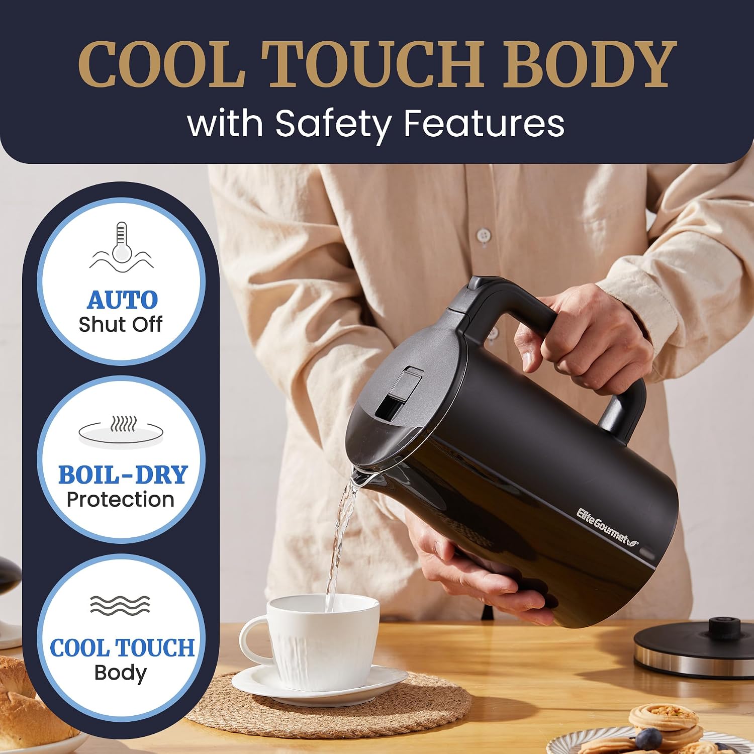 Elite Gourmet 1.7L Cool-Touch 1500W Fast Boil Kettle, Double Wall, Black