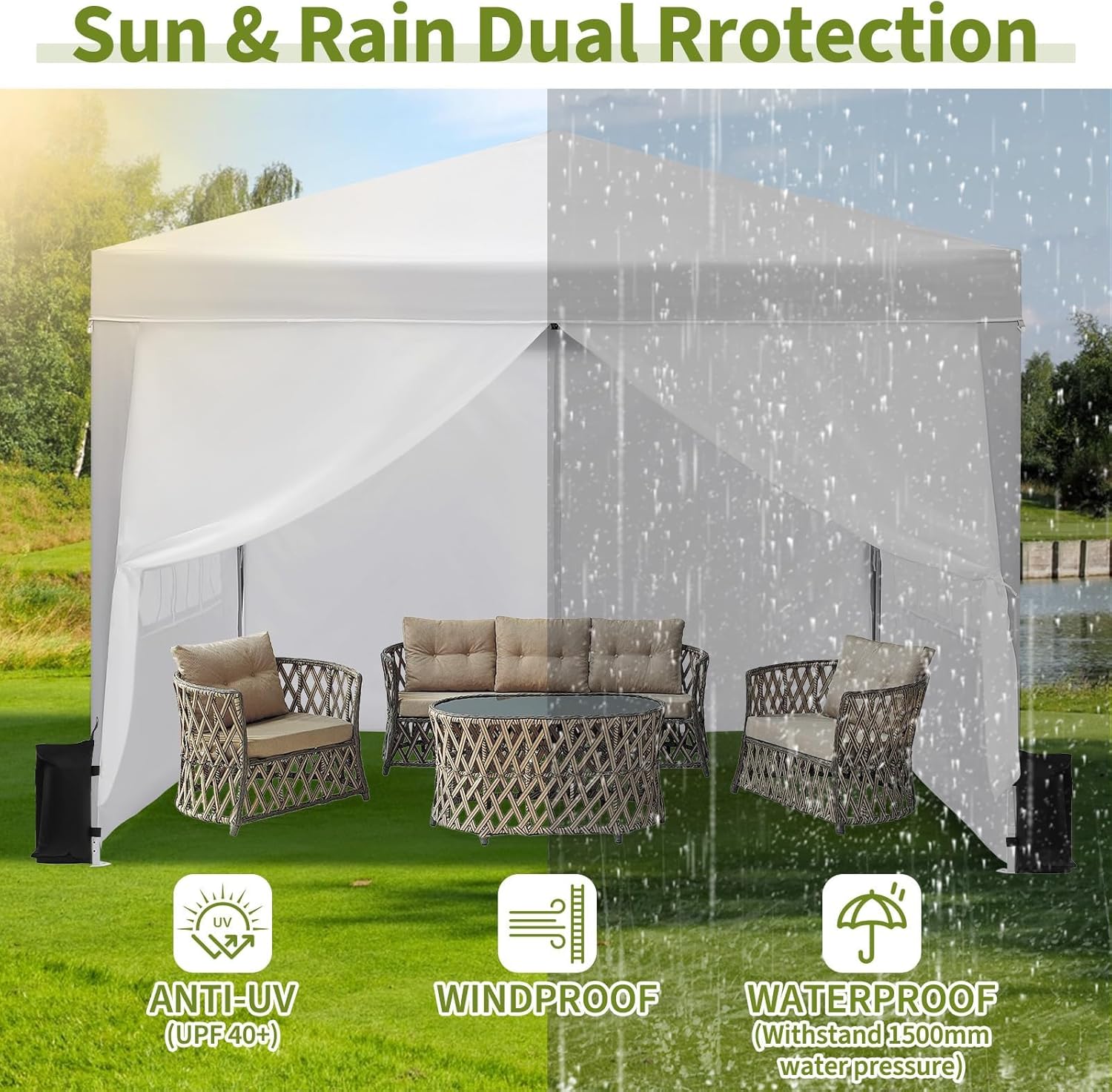10x10 Pop Up Canopy Tent with 4 Sidewalls, Portable Instant Canopy Tent, Waterproof Outdoor Canopy, Versatile Gazebo for Camping, Parties, Backyard,Beach Activities,White