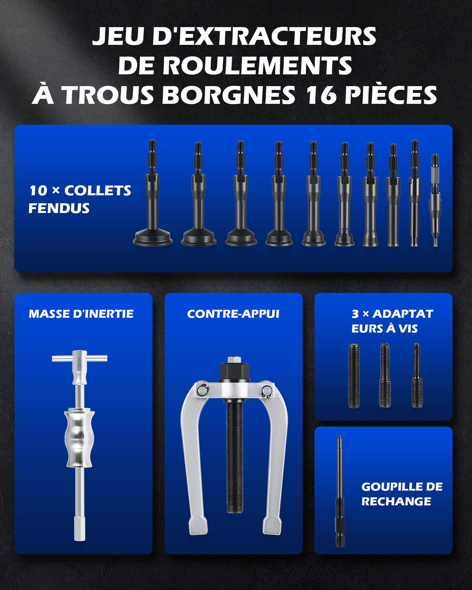 Orion Motor Tech Extracteur de Roulement Intérieur 16 Pièces, Kit d'Arrache Roulement avec Masse à Inertie et Contre-Appui, Extracteur de Roulement pour Trou Borgne (6 mm à 59 mm)