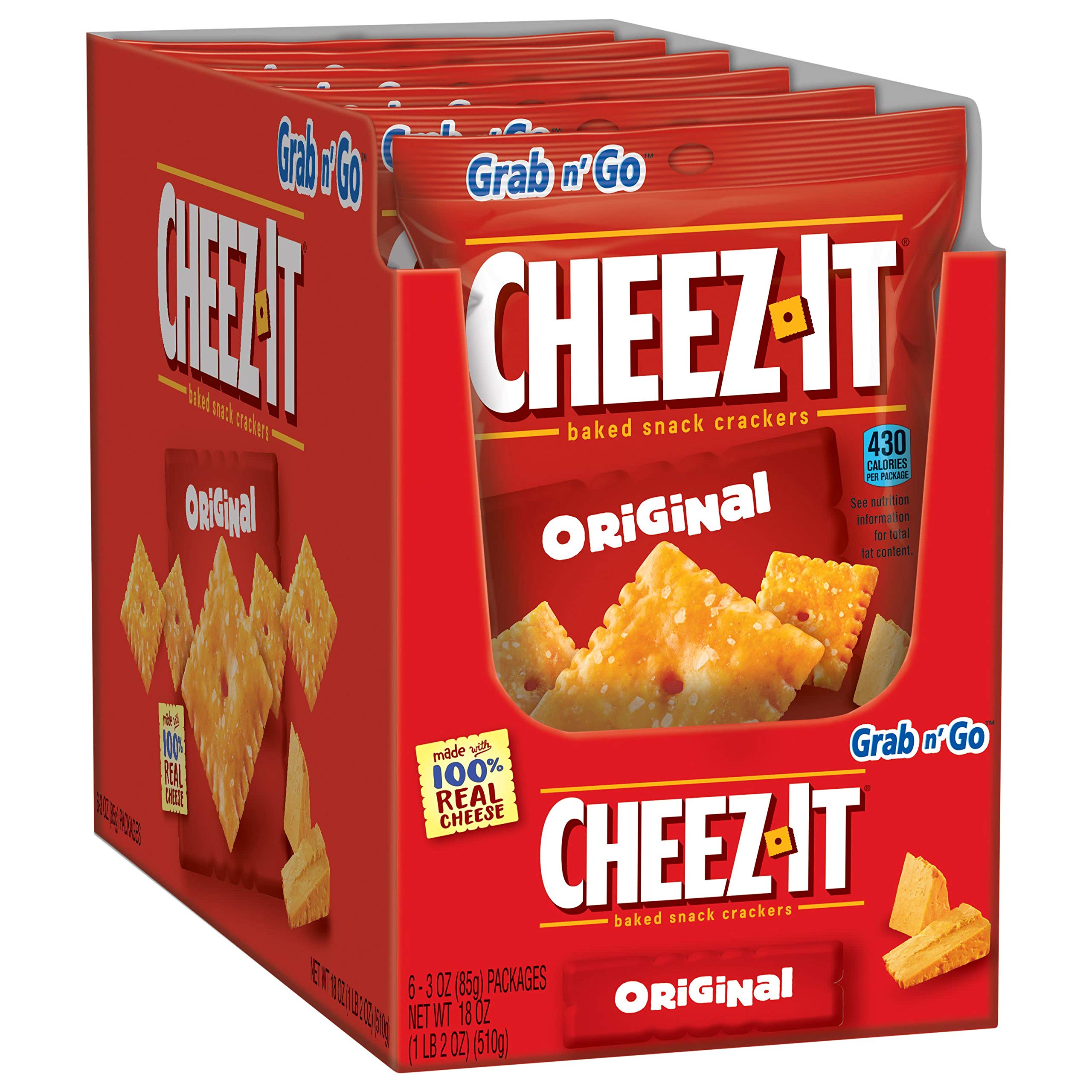 CheezIt Baked Snack Cheese Crackers, Original, Single Serve, Grab 'N' Go, 3 oz Bag, 36 Count