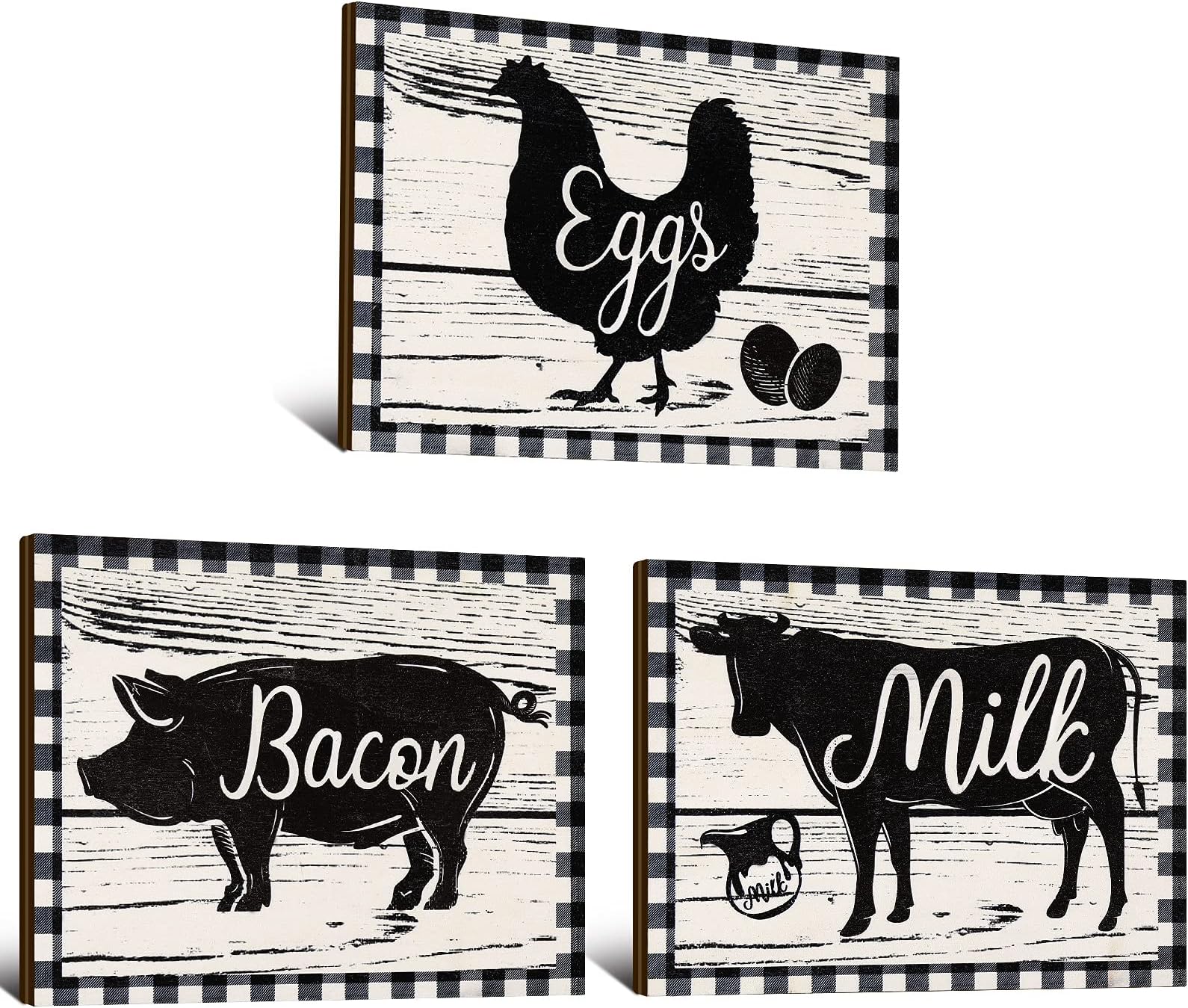 Jetec 3 Pieces Farmhouse Kitchen Decor Wooden Pig Cow chicken Signs Rustic buffalo plaid wall art farm animal Plaque for Kitchen Home Wall Decorations, 7.9 x 5.9 Inch