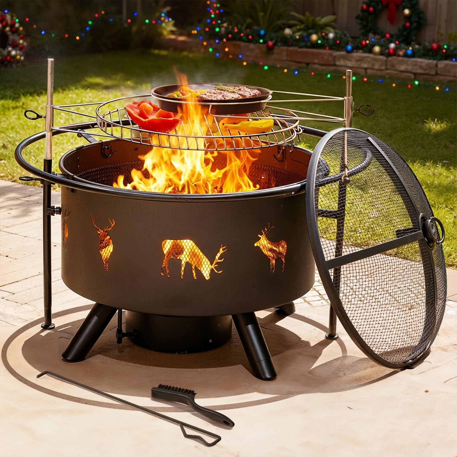 32 Inch Large Fire Pit with 2 Grills, Outdoor Wood Burning Fire Pit with Cooking Grate, Lid, Poker and Round Waterproof Cover for Patio, Ourside, Bonfires, Picnic, Party.
