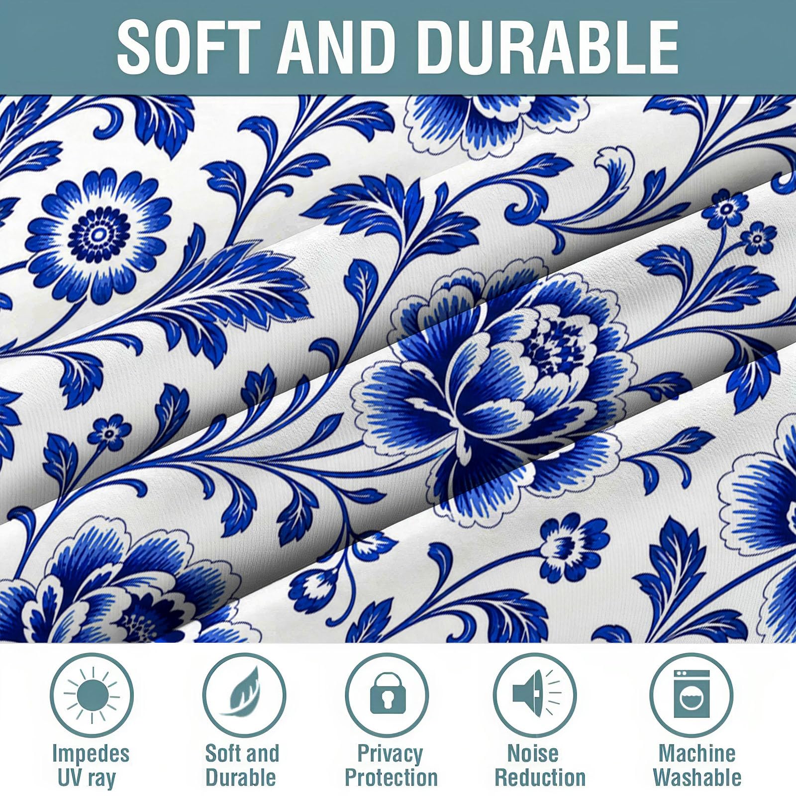 Blau-Weiße Porzellanpfingstrose Verdunkelungsvorhänge mit Ösen im Retro-Blumenmuster | Blickdichte Vorhänge für Schlafzimmer, Wohnzimmer und Kinderzimmer,H200cmxB140cm(2er Pack)
