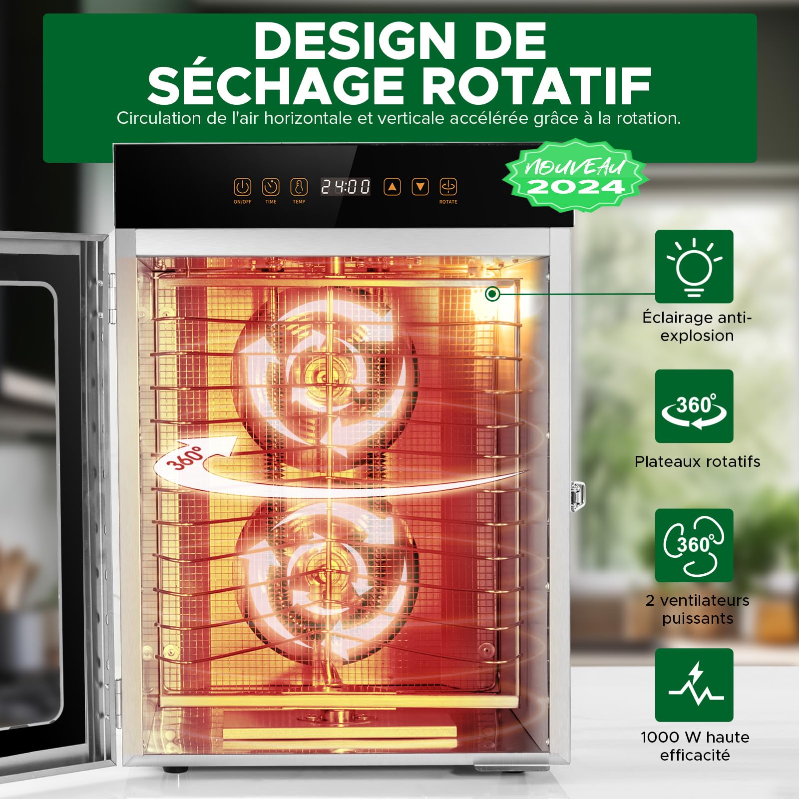 Kwasyo Deshydrateur Alimentaire avec 12 Rotatif Plateaux en Inox - Double ventilateur Séchage efficace à 720° - Deshydrateur Viande, Fruits, Champignons - 1000W Déshydrateur Alimentaire Inox