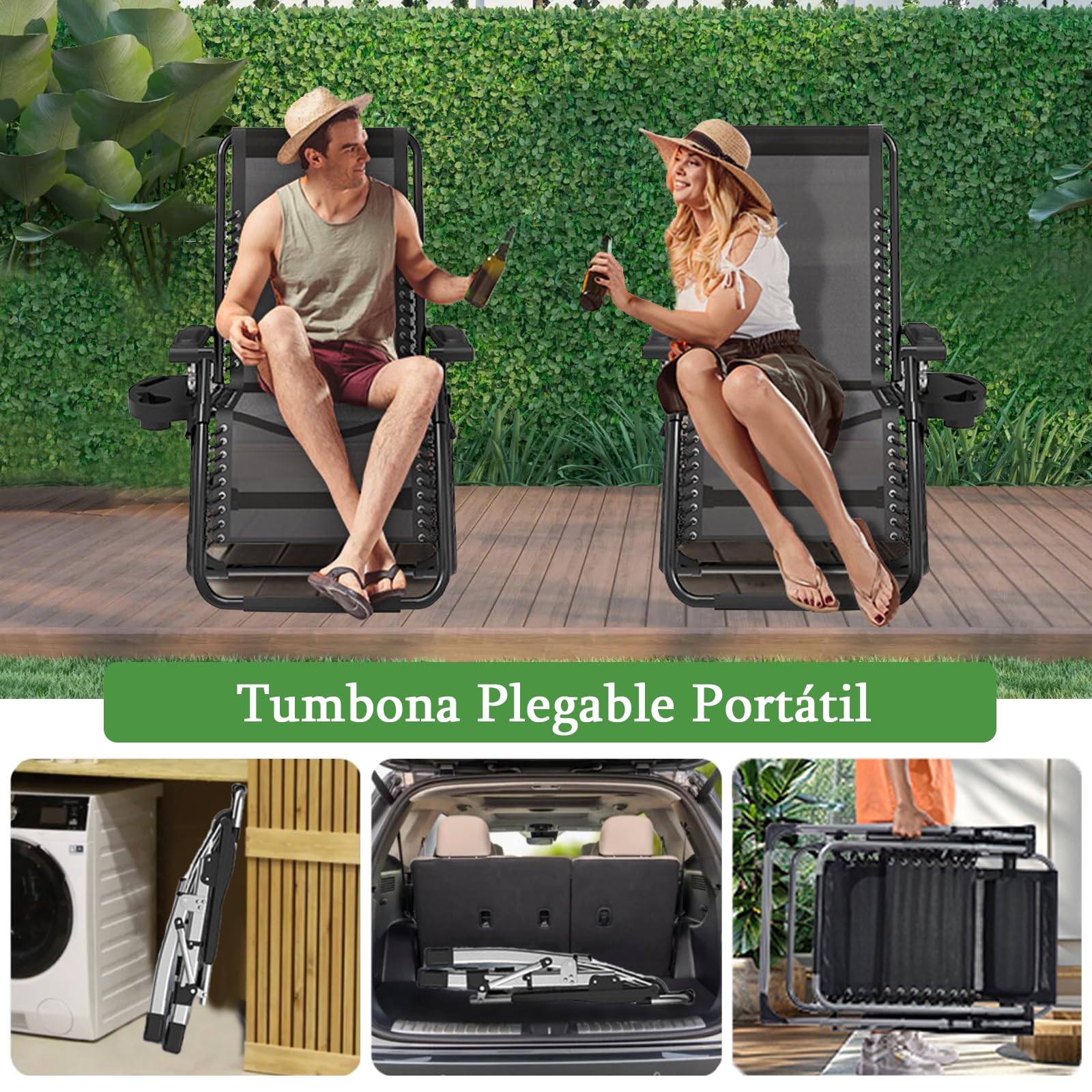 Silla Tumbona Plegable Negro Gravedad Cero 72 cm Ancha Tumbonas Jardin Exterior con Almohada Cervical Desmontable, Cojín y Funda Tumbona, Ideal para Terraza, Jardín, Playa
