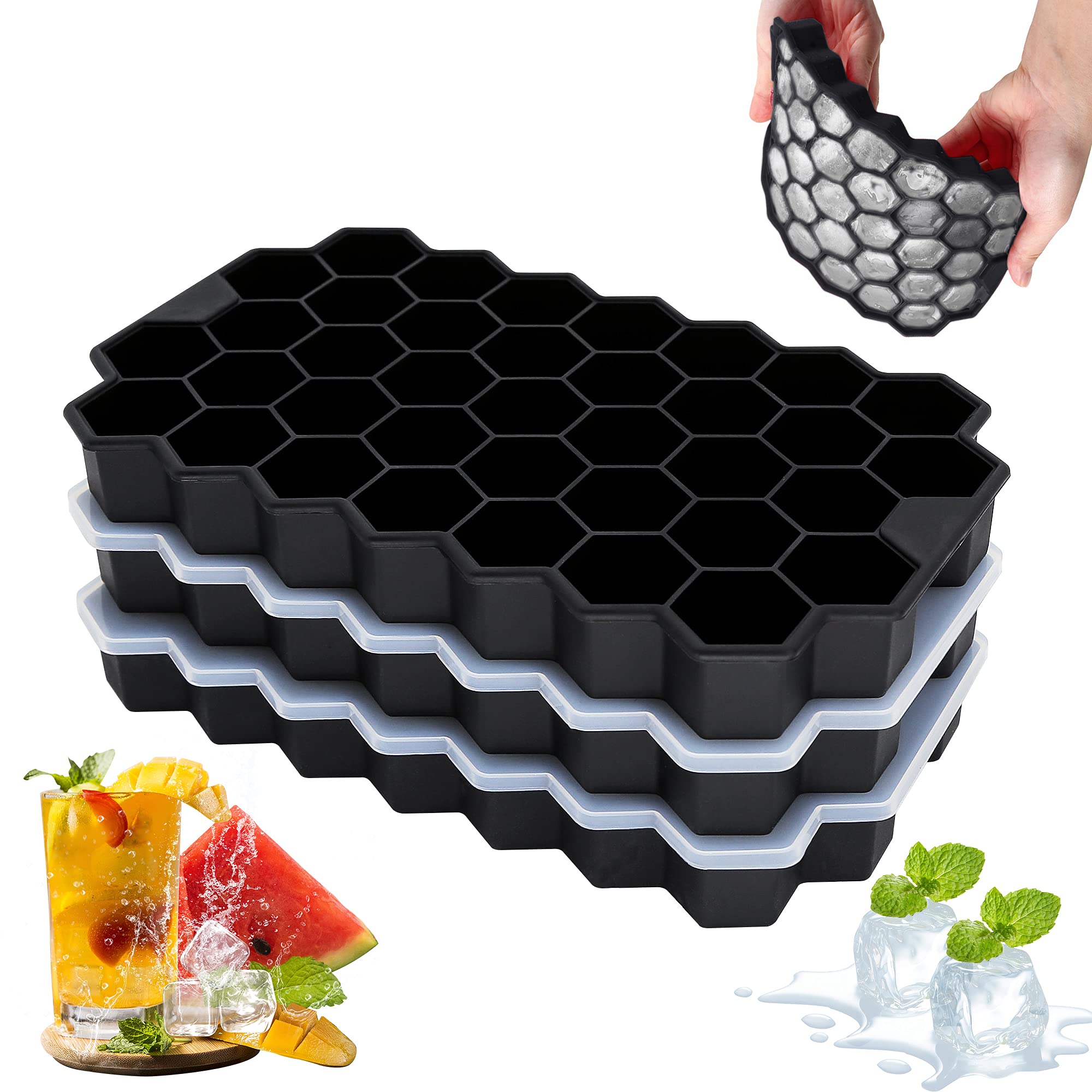 Ice Cube Tray, 3 Pack Reusable BPA Free Silicone Ice Cube Mould Trays with Lid, 37 Square Cube per Tray Ice Mould Easy Release for Cocktail, Whiskey, Chocolate, Freezer