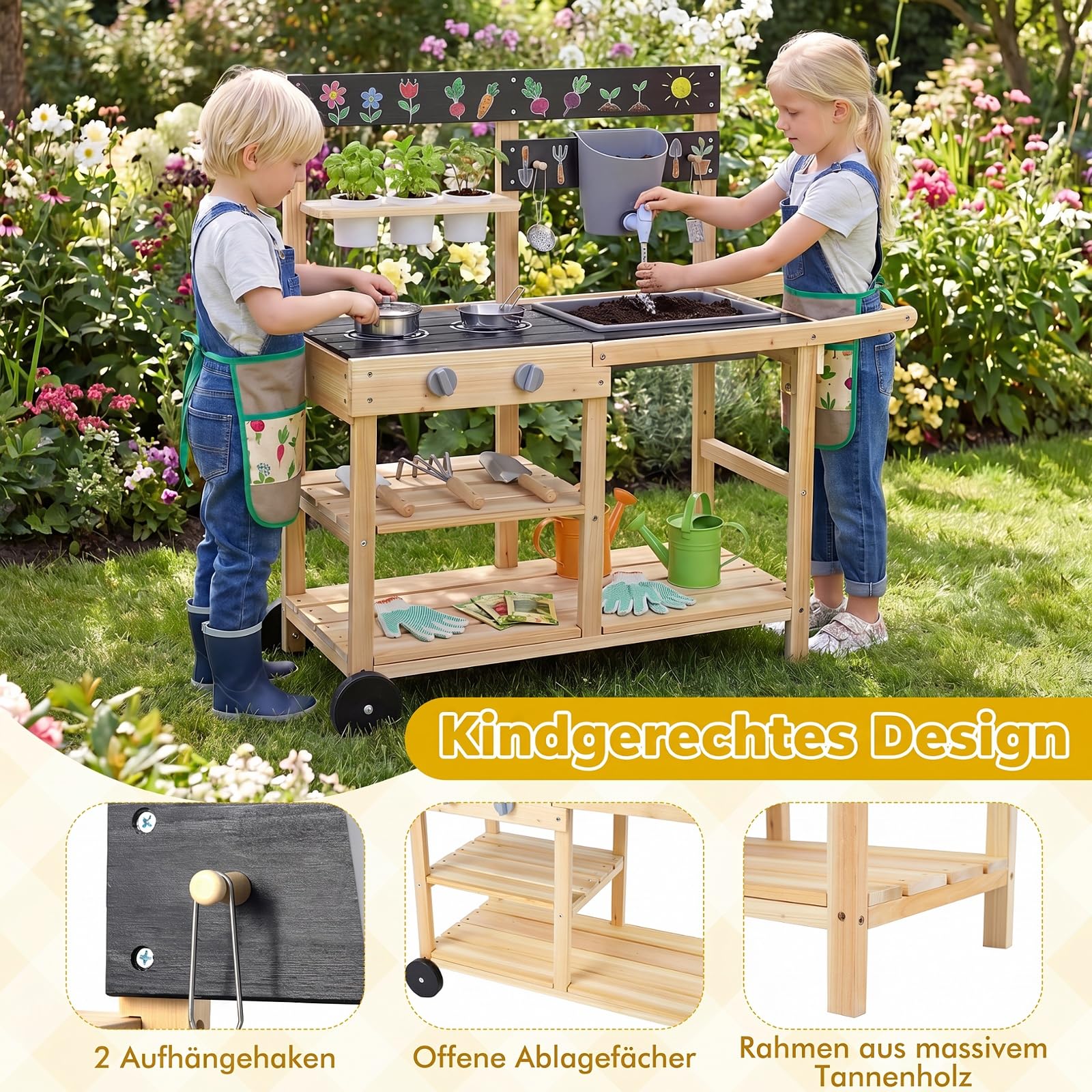 COSTWAY Matschküche Kinder Outdoor, Spielküche mit Wassertank & Wasserhahn | Kinderküche mit Rädern, Spüle, 3 Blumentöpfen, 2 Herd & Kochzubehör, Gartenspielküche für Kinder ab 3 Jahren