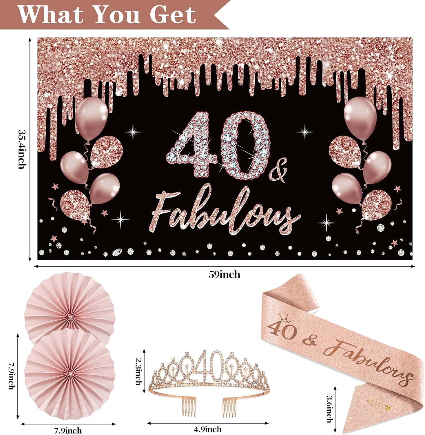 40th Birthday Decorations for Women, 33pcs Black Rose Gold Happy 40th Birthday Banner Crown and Sash Balloons Backdrop Hanging Swirls Paper Fans, 40 Years Old Party Supplies Kit - Image 3