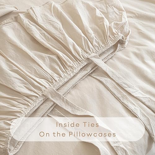 Miniatura 7 de QSH Juego de sábanas 100 % algodón tamaño Queen, con volantes, textura de lino con textura, estilo de granja, estilo desgastado, vintage, elegante,