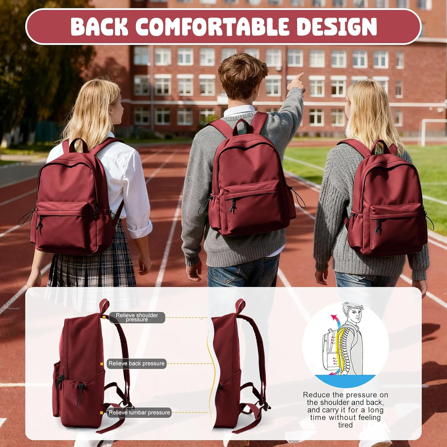 VECAVE School Backpack Red Waterproof Bookbag Casual Lightweight Travel Rucksack Daypack Backpacks for Men Women College High School Bags backpack for Boys Girls Teens