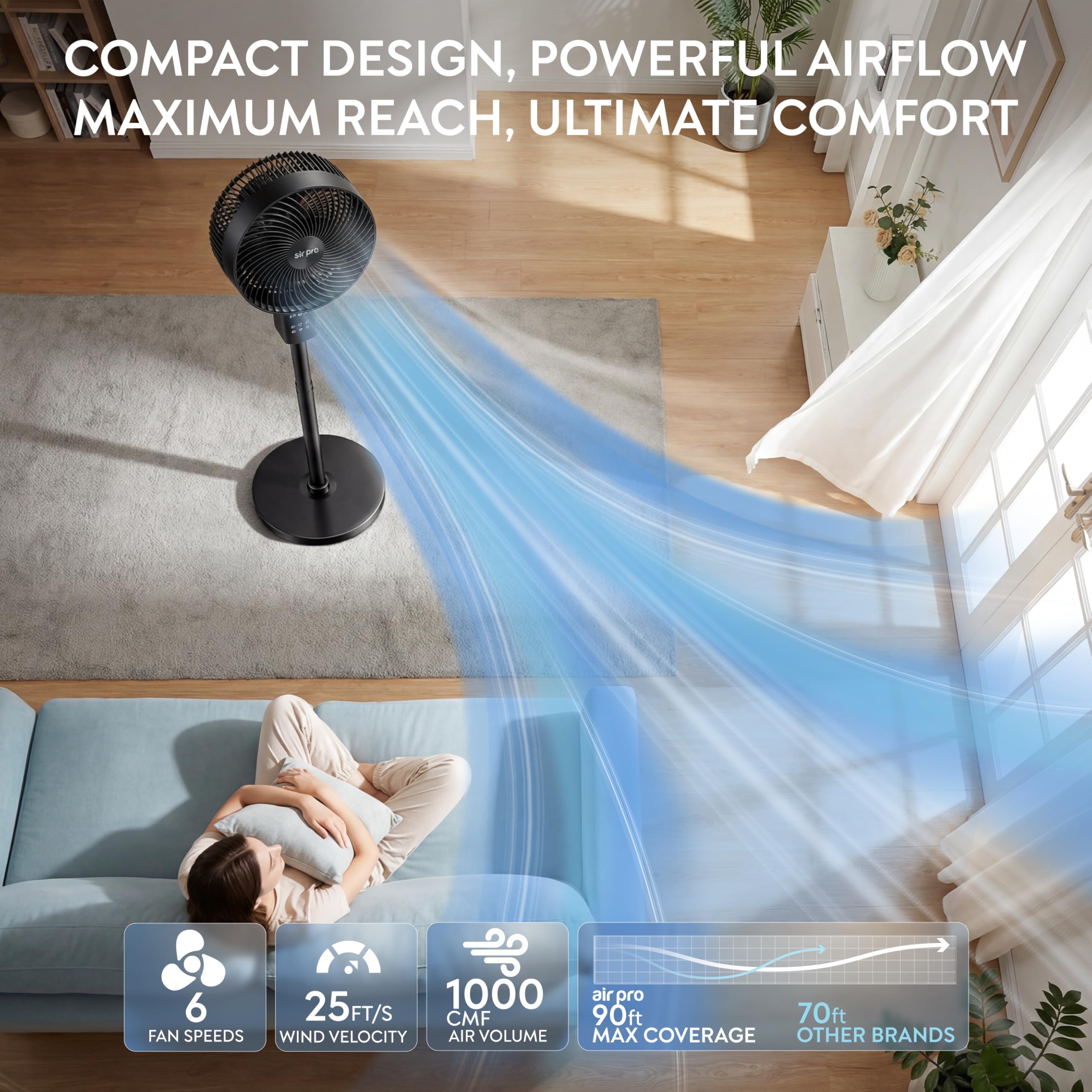 Air Pro 12" Pedestal Fan SmartVoice™ & Remote Control 3D Oscillation 12 HR Timer Quiet Copper Motor Air Cooling & Circulator Height Adjustable Fan- Small Fan with 6 Speeds 4 Modes Office Home Bedroom