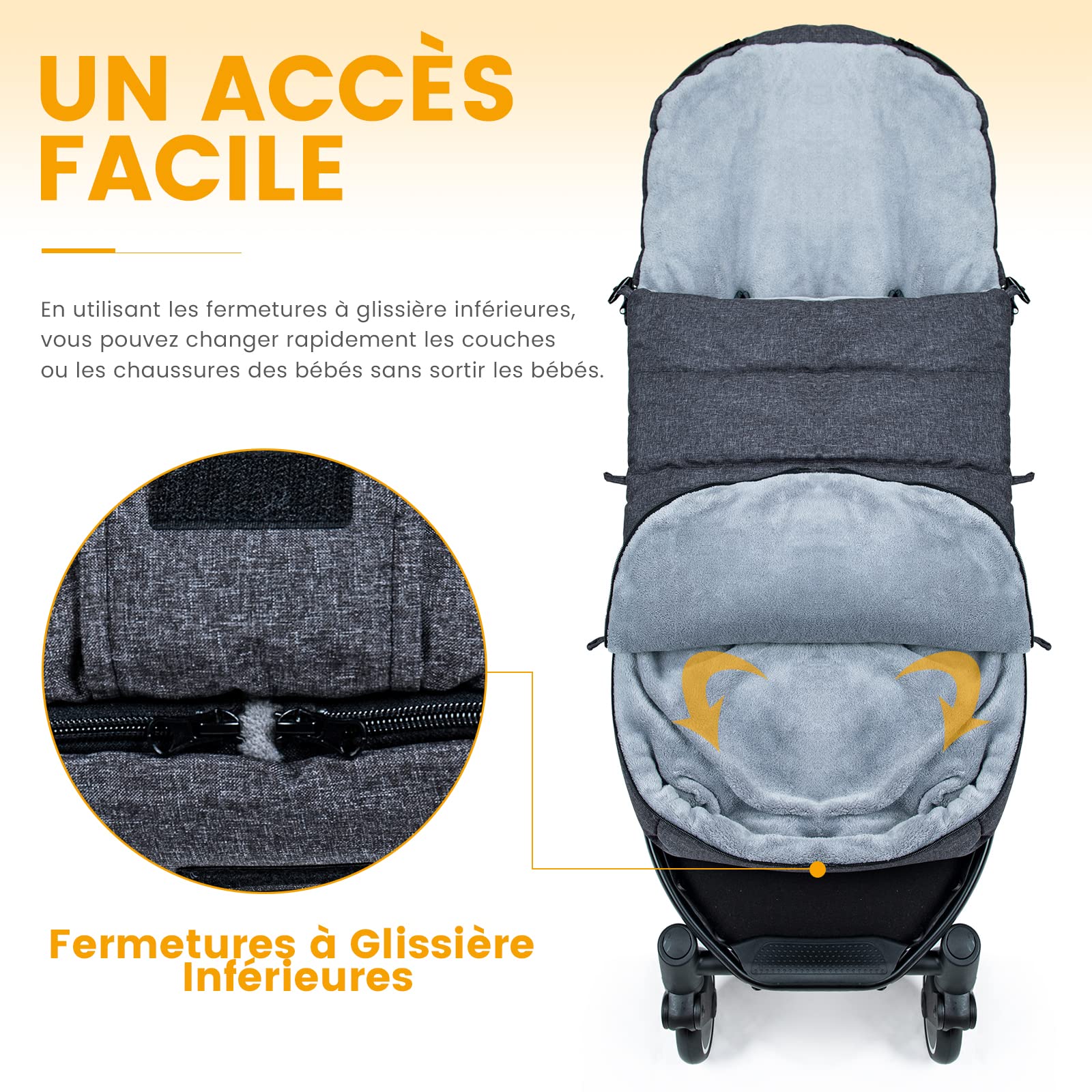 Orzbow Chanceliere Bebe Poussette, Fermeture Éclair, Ergonomique, Noir | Chanceliere Universelle pour Poussette avec Polaire Coral Épaisse, Accès Faciles, Amovible et Déperlant, Sac Inclus