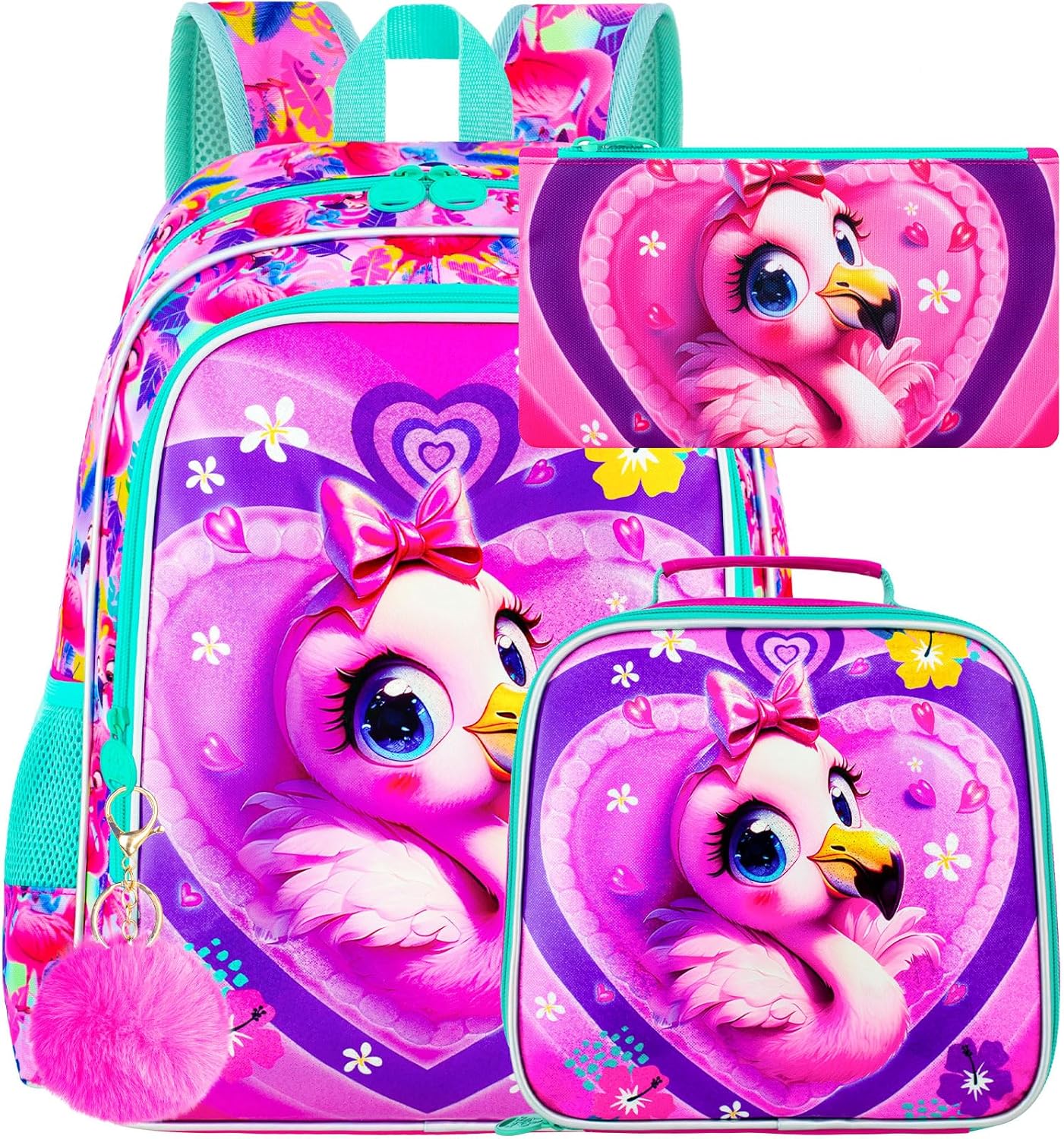 3PCS Girls Backpack, Kids Water Resistant Heart Bookbag Set with Lunch Box, Cute Kids School Bag for Preschool Toddler