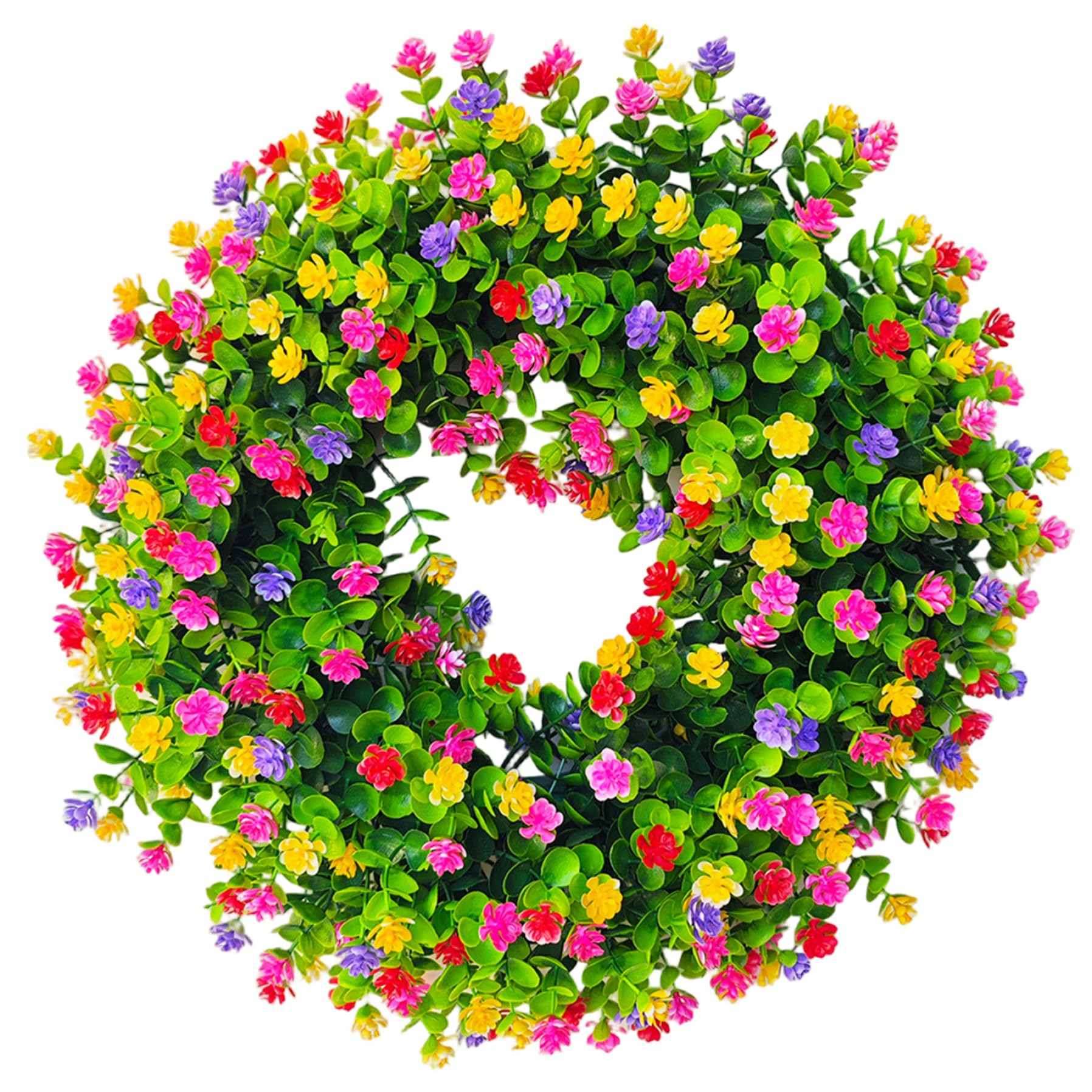 Hotainoys Colorful Spring Wreaths For Front Door, 15In Artificial Eucalyptus Wreath With Various Small Flowers Vivid Door Decor For All Year Round, Spring Wreath